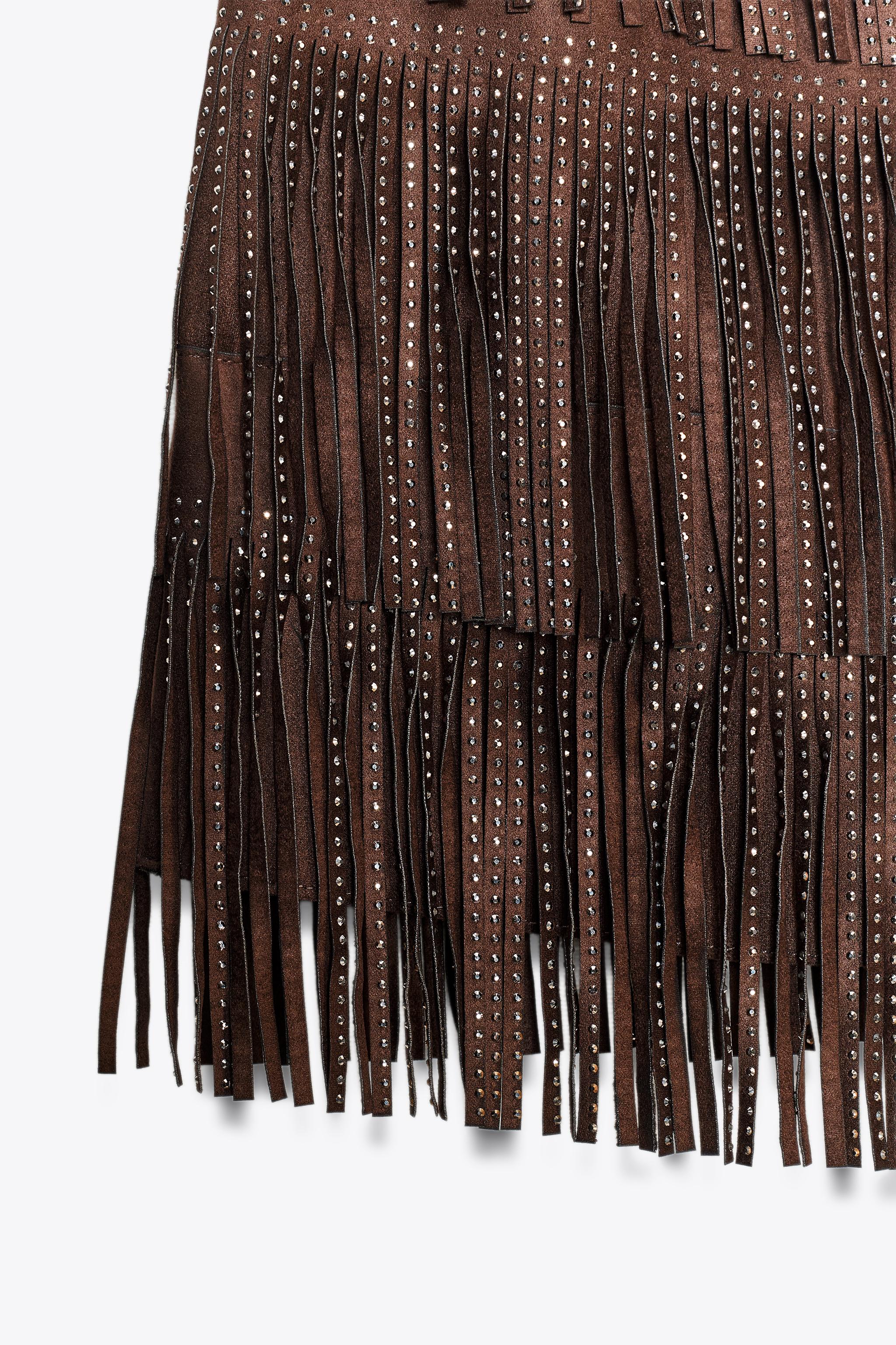 SHIMMERING FAUX SUEDE FRINGE SKIRT