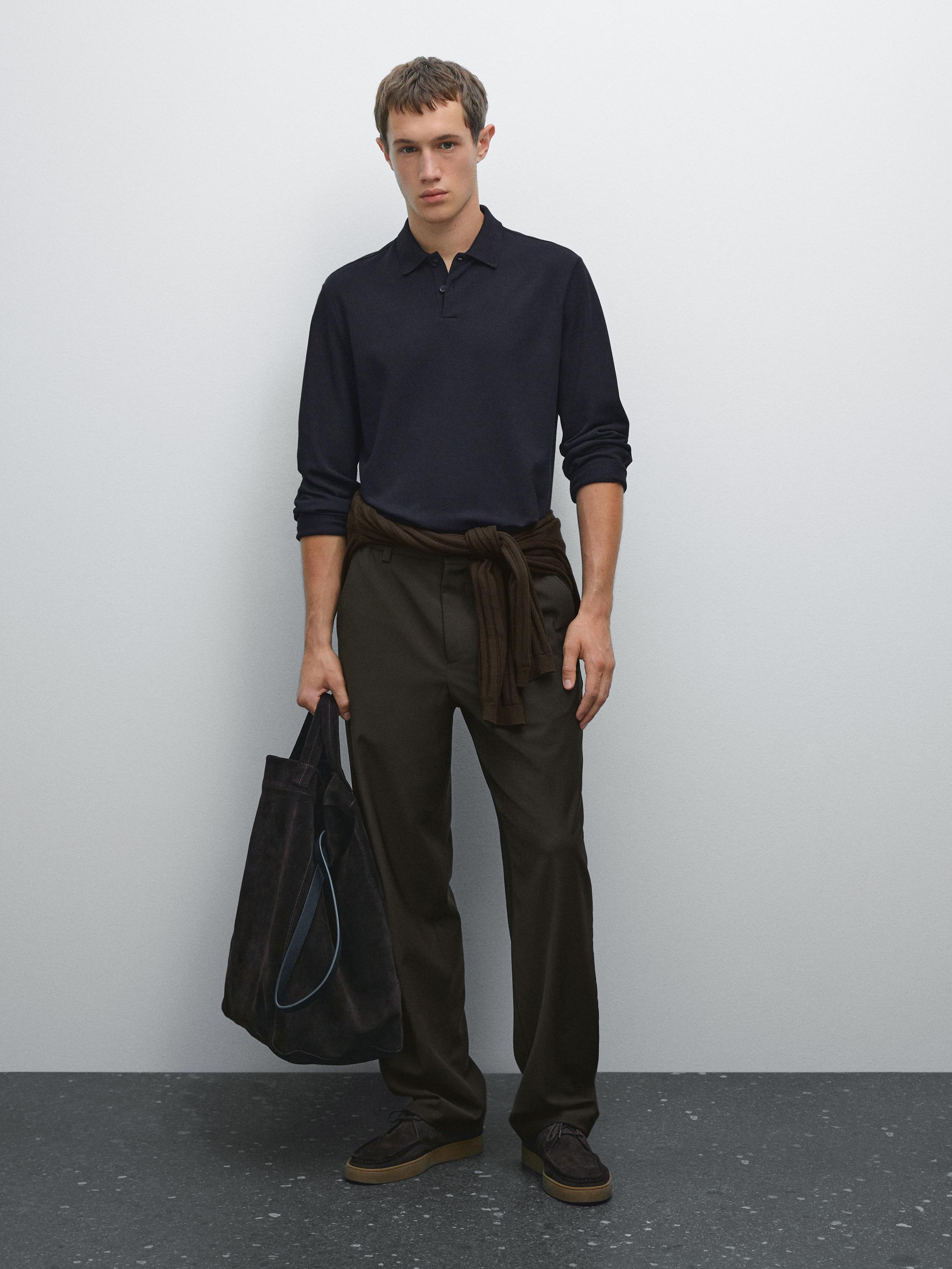 Long sleeve mercerised cotton piqué polo shirt