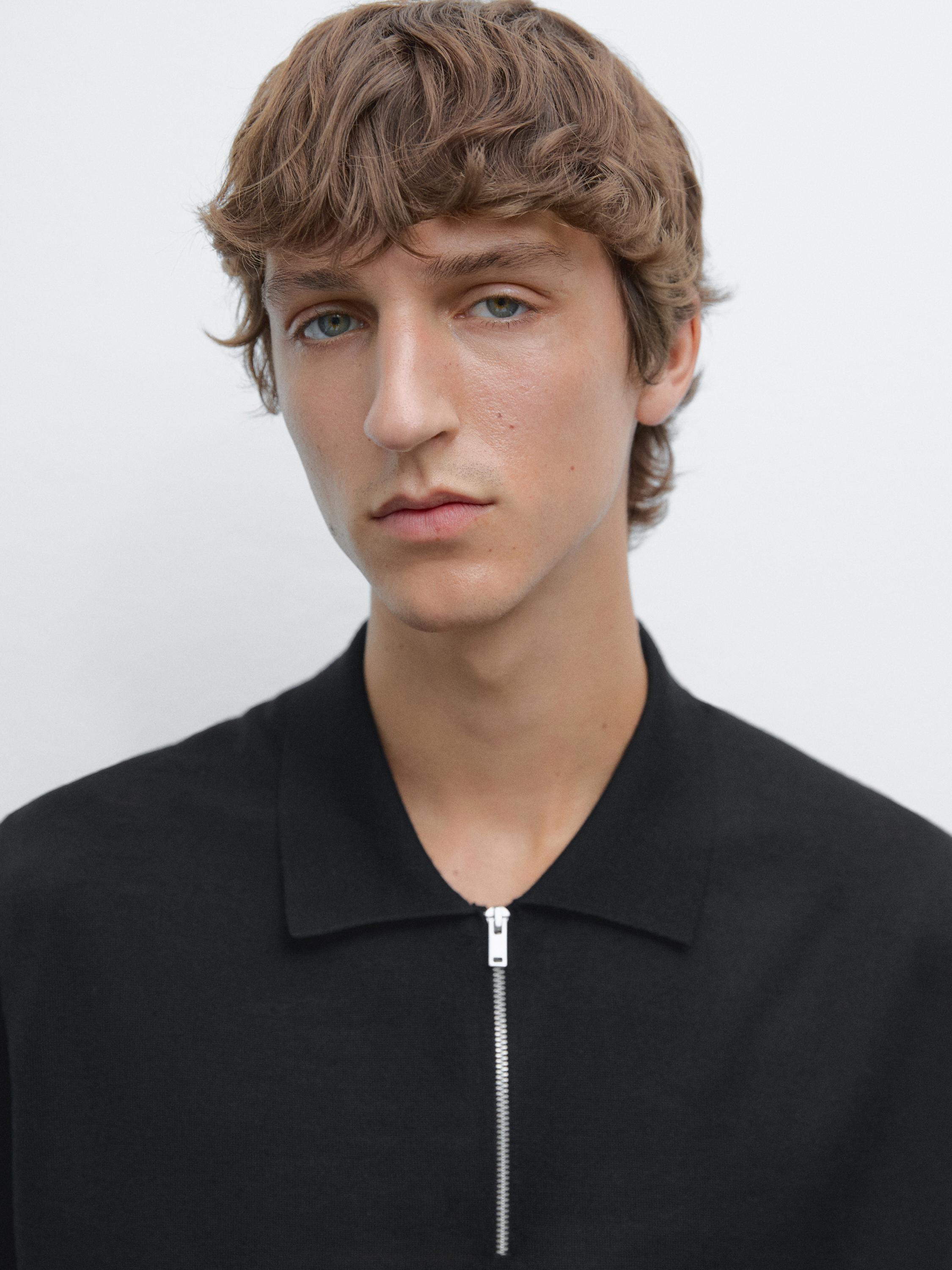 Knit polo shirt with zip collar