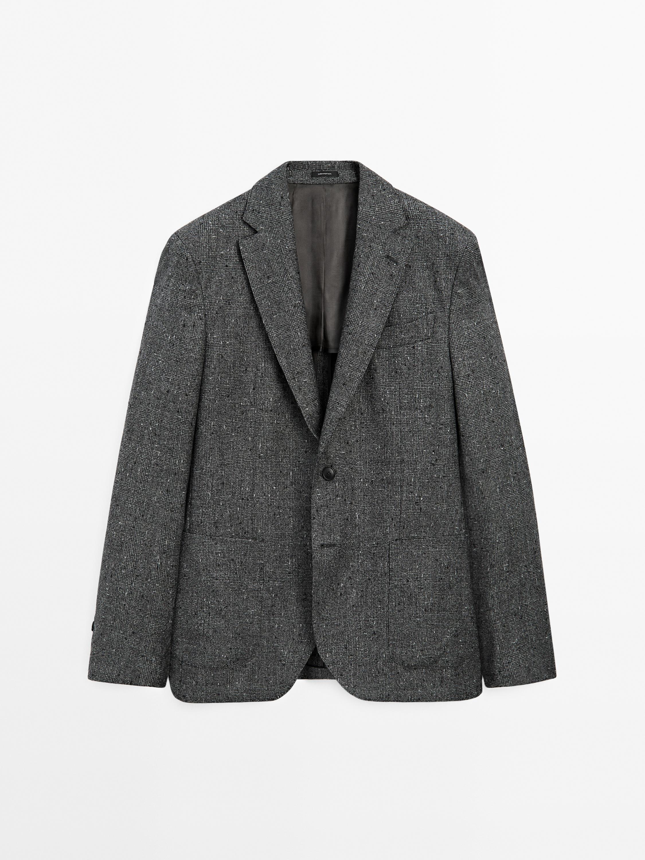 Textured check wool blend blazer