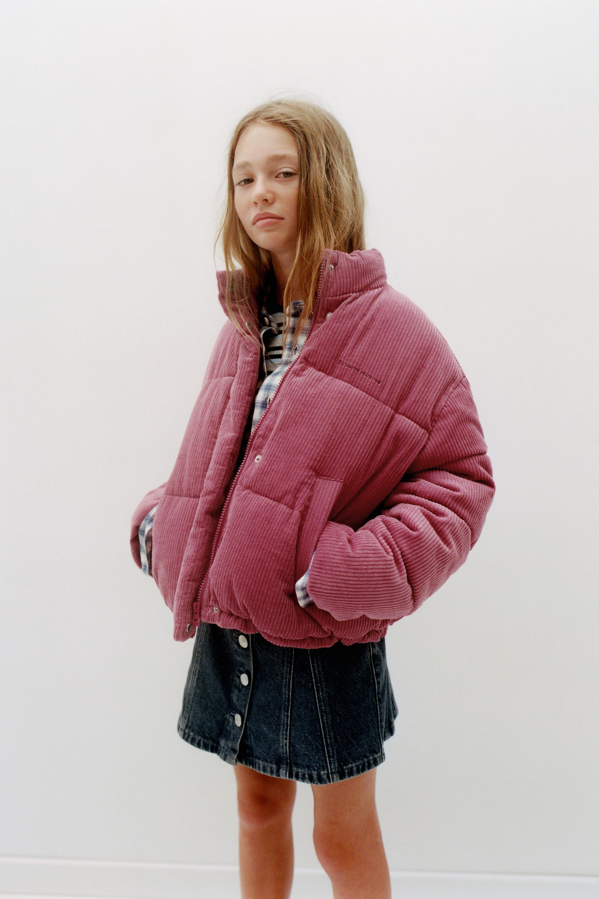 EMBROIDERED TEXT CORDUROY PUFFER JACKET