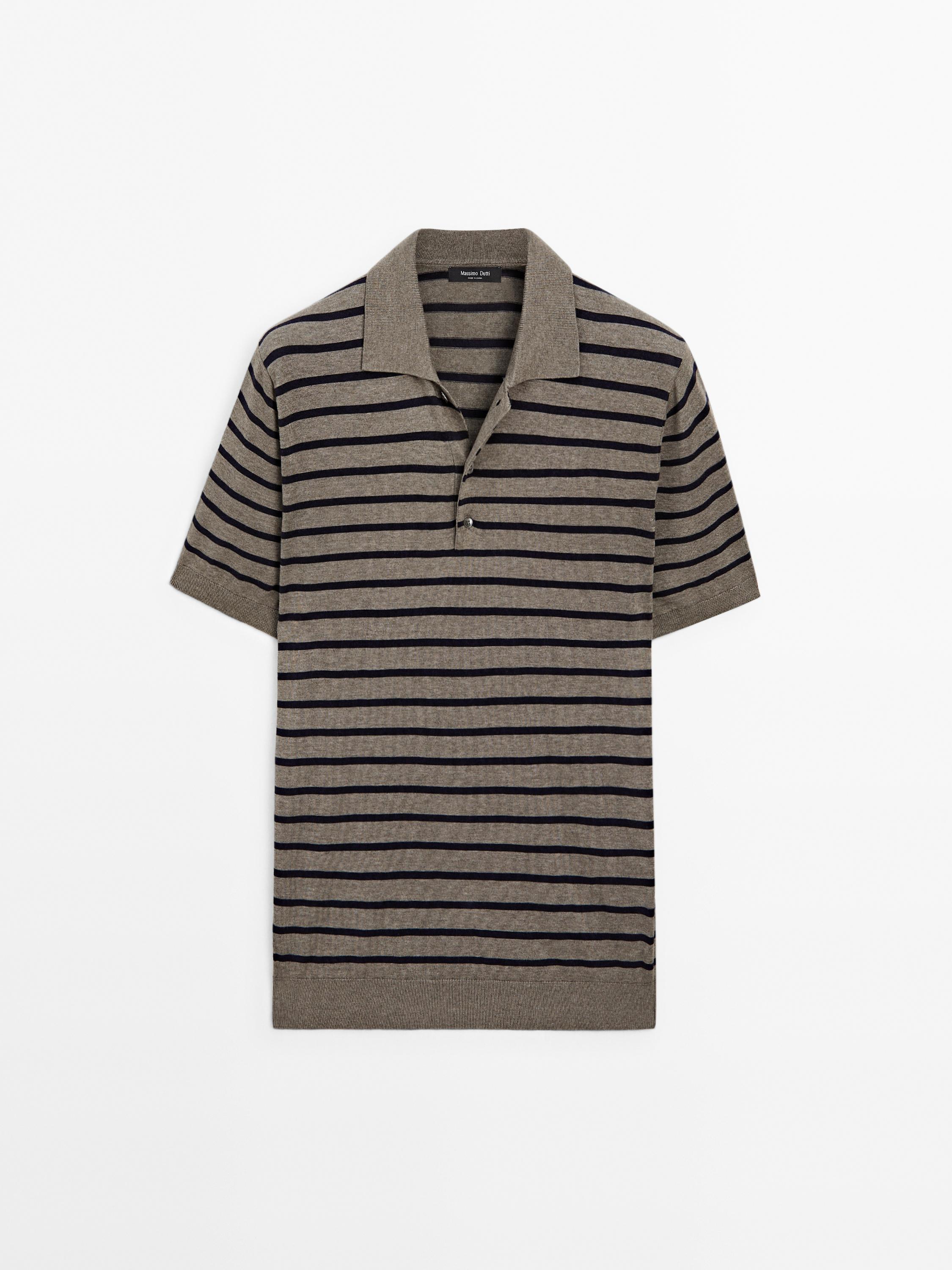 Short sleeve striped knit polo shirt