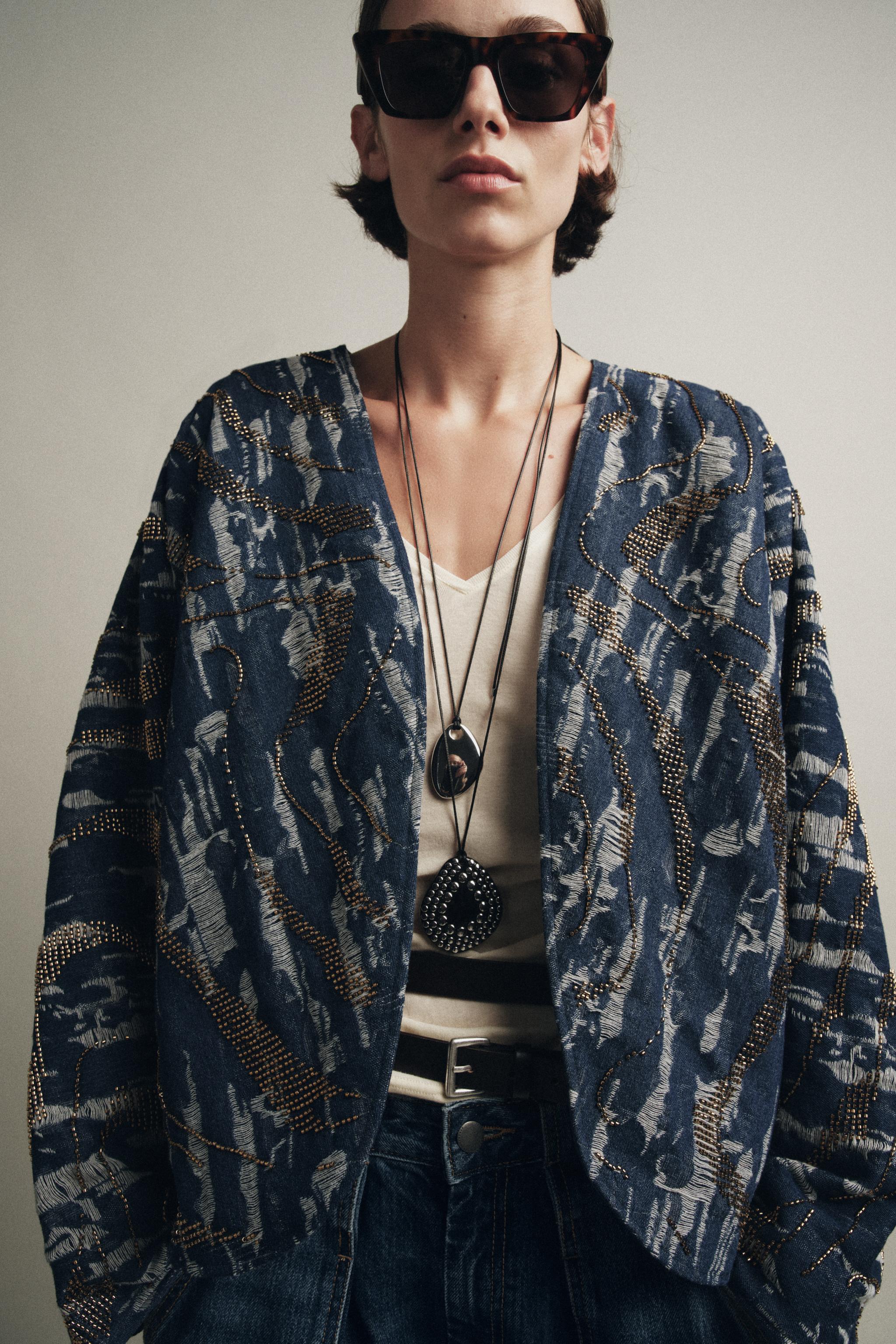 BEADED DENIM EFFECT PADDED KIMONO