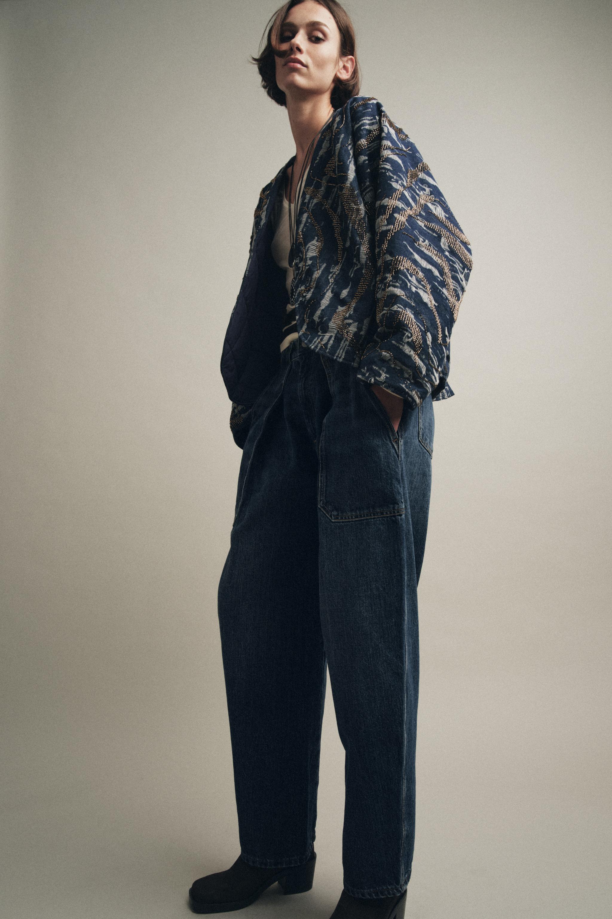 BEADED DENIM EFFECT PADDED KIMONO