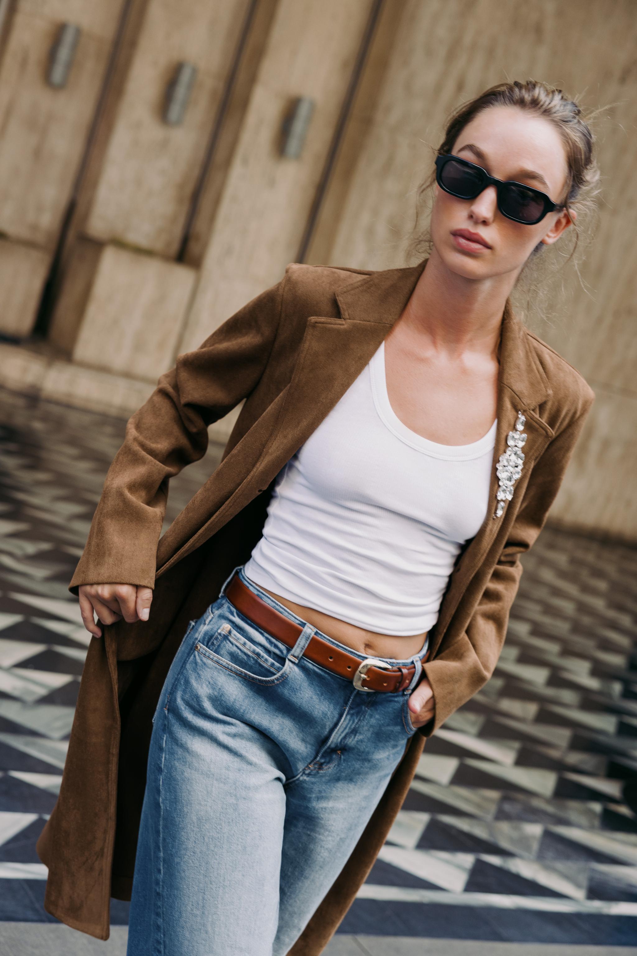 FAUX SUEDE FROCK COAT WITH BROOCH