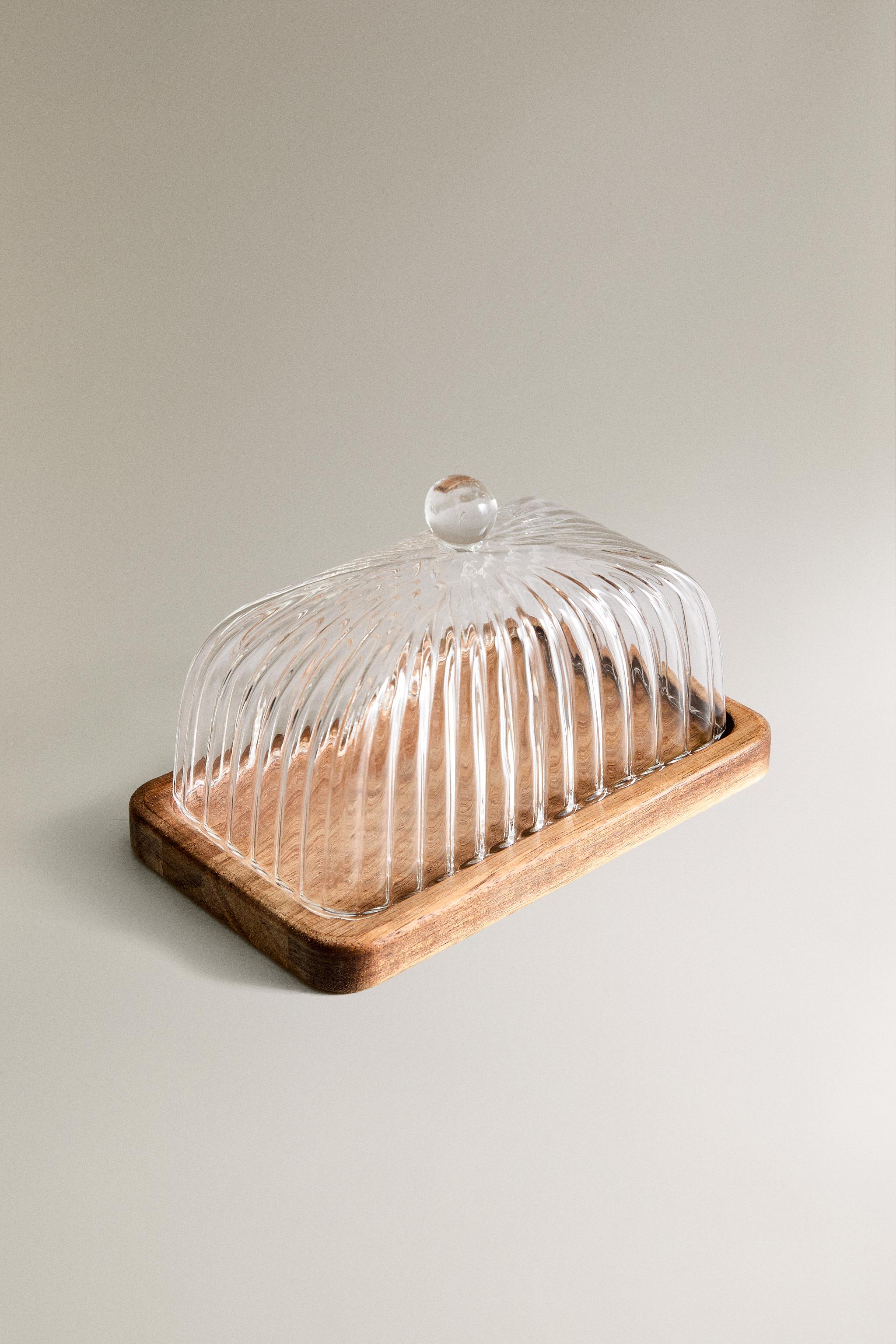 BOROSILICATE GLASS AND WOOD BUTTER DISH