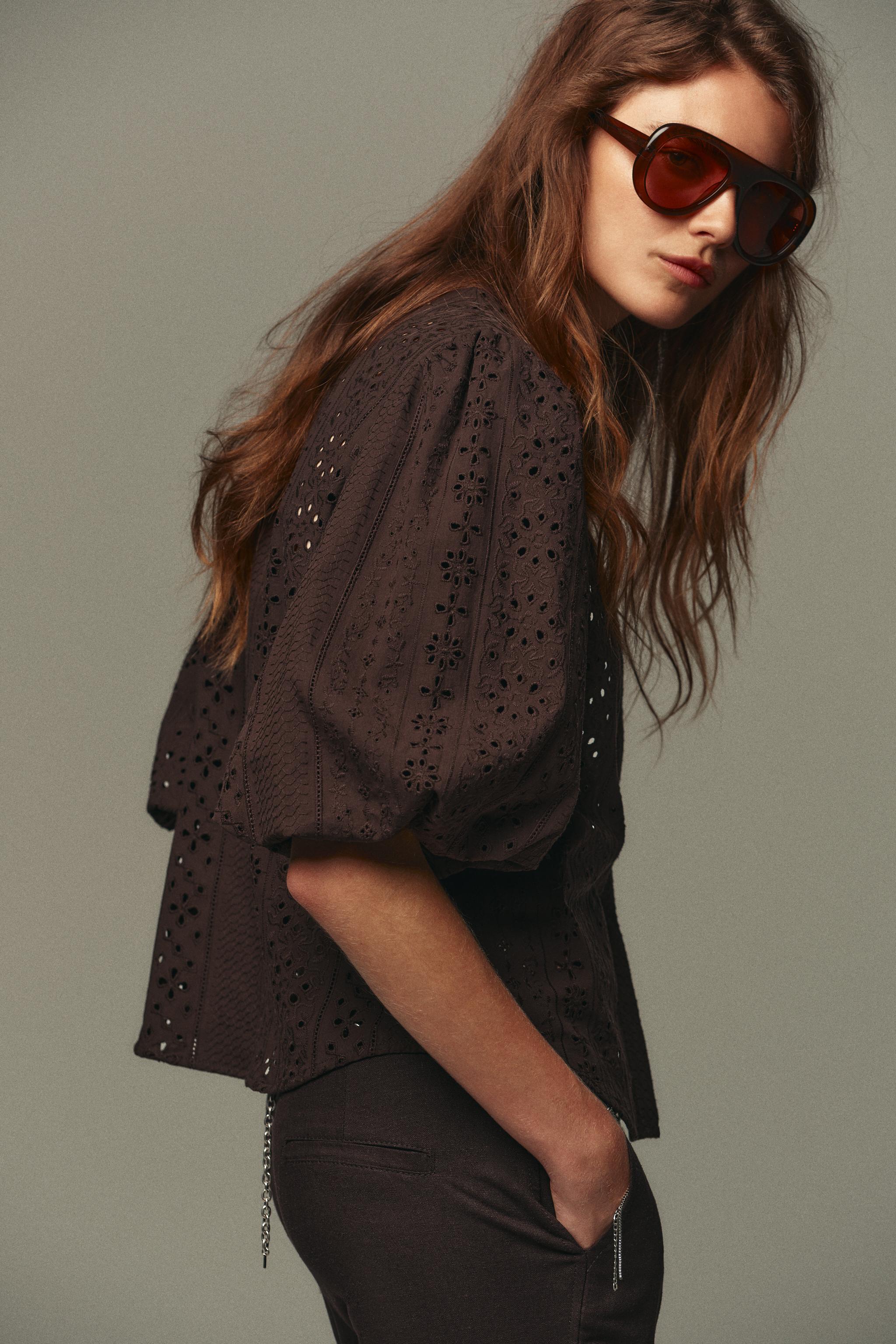 PUFF SLEEVE SHIRT WITH PERFORATED EMBROIDERY