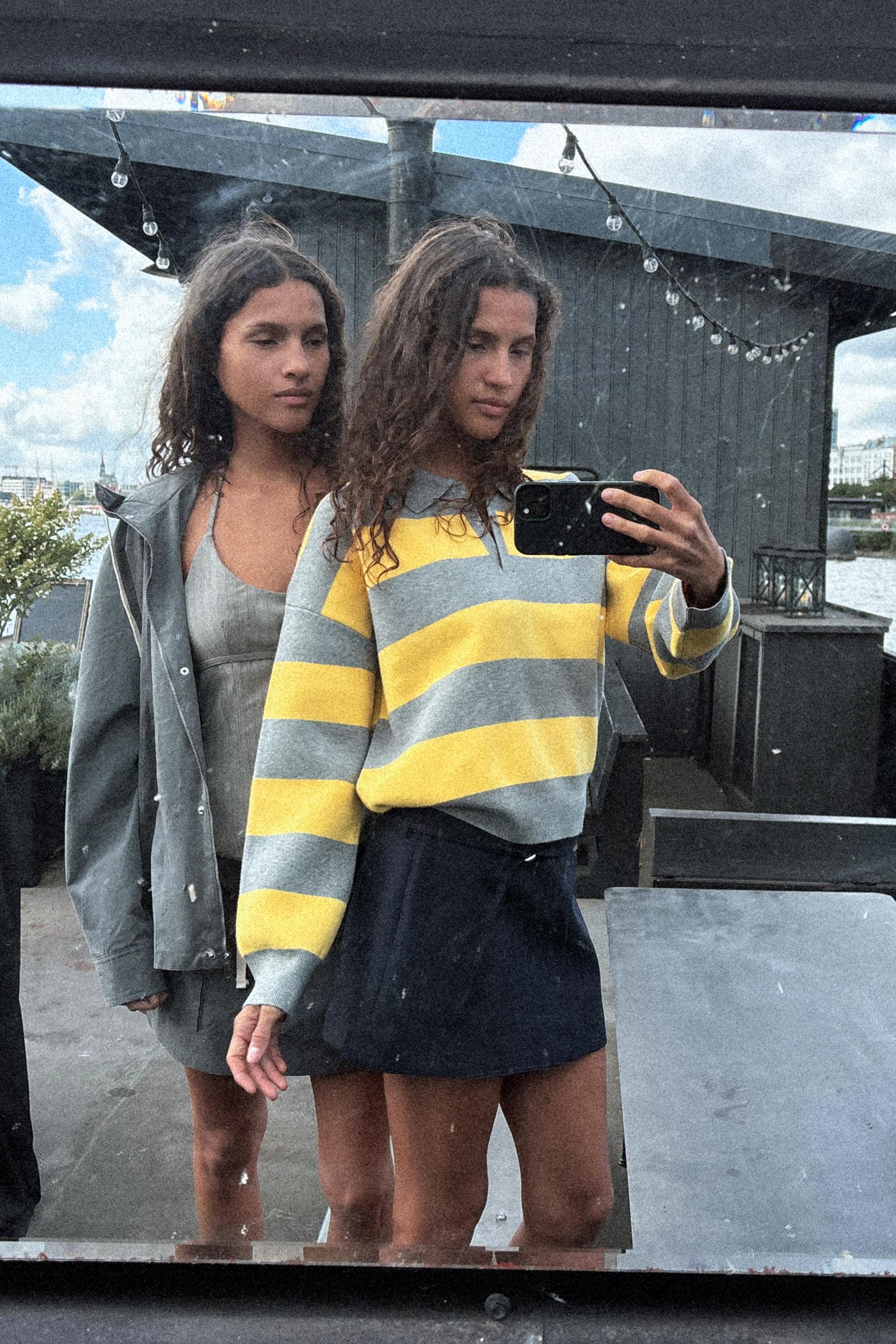 STRIPED KNIT POLO NECK SWEATER