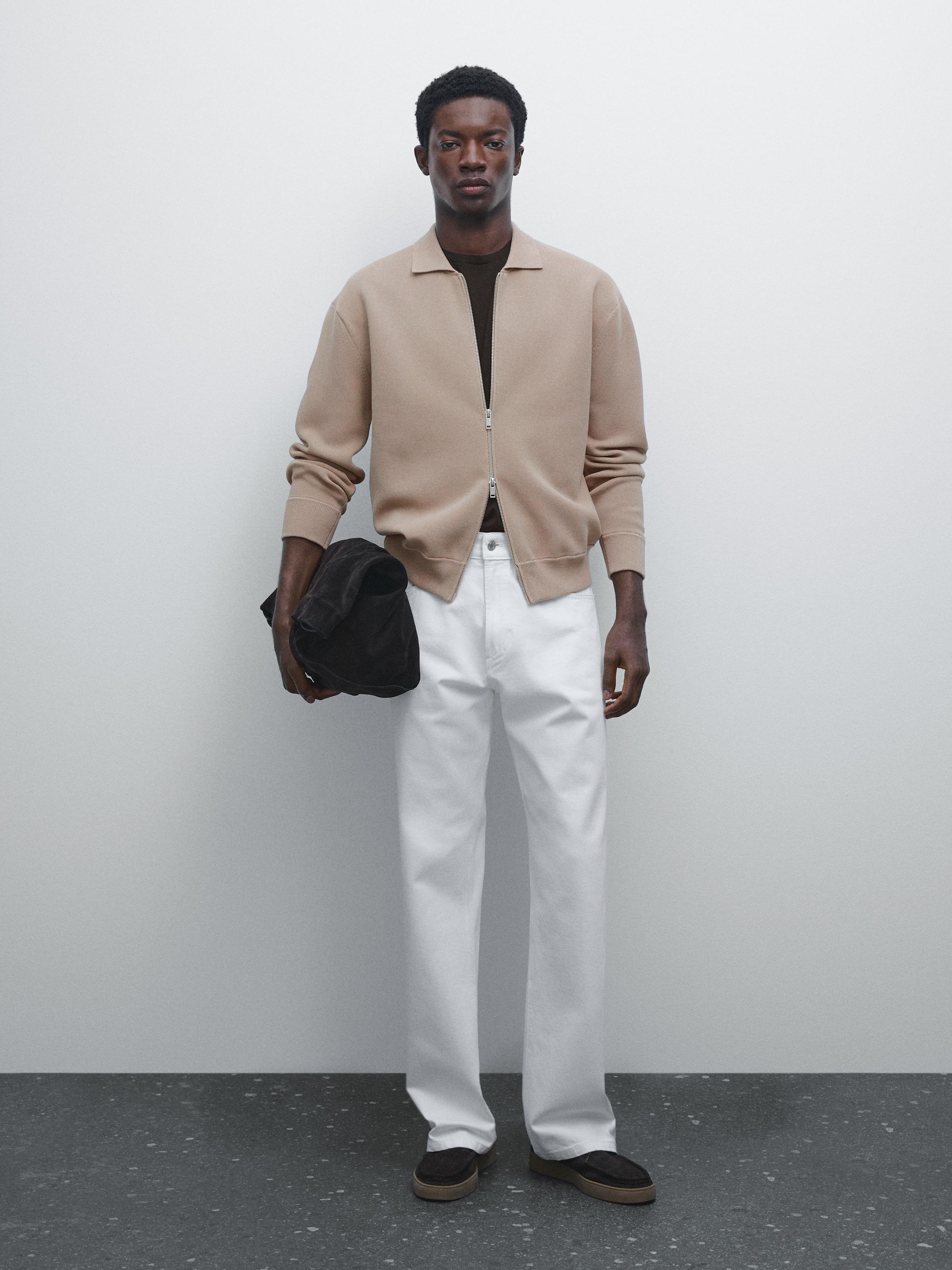 Cotton blend zip-up knit cardigan