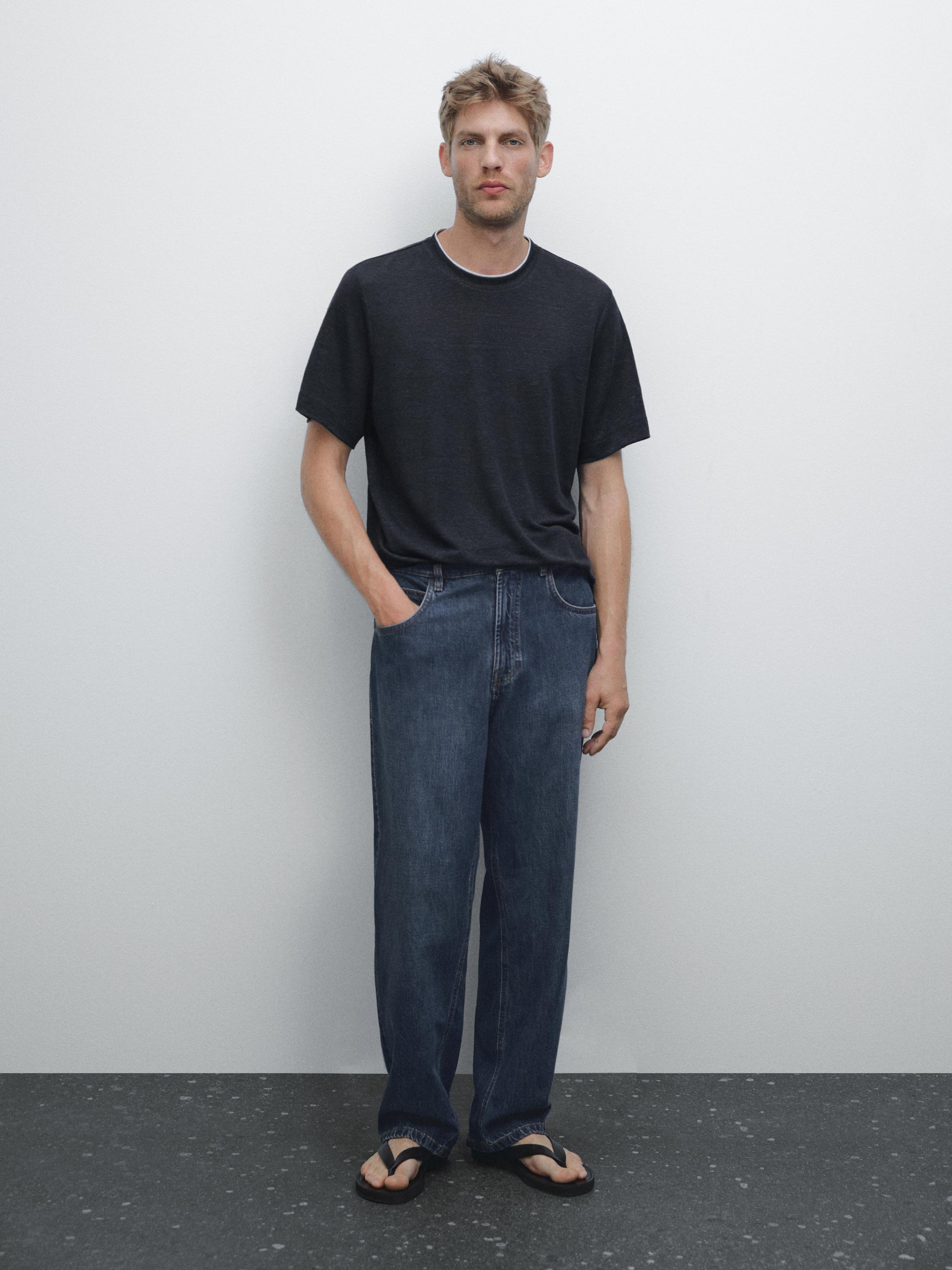 Linen blend contrast knit T-shirt