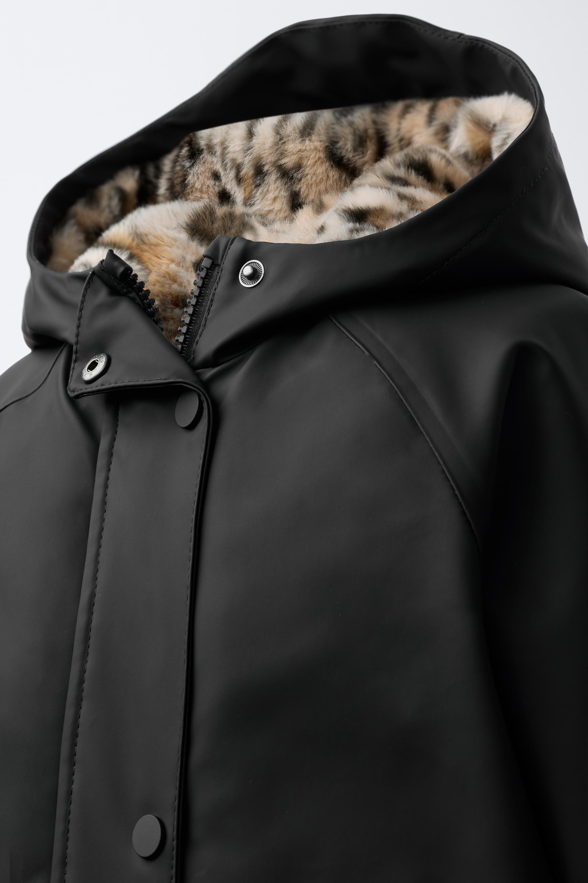 WATER REPELLENT COATED FAUX FUR ANIMAL PRINT JACKET
