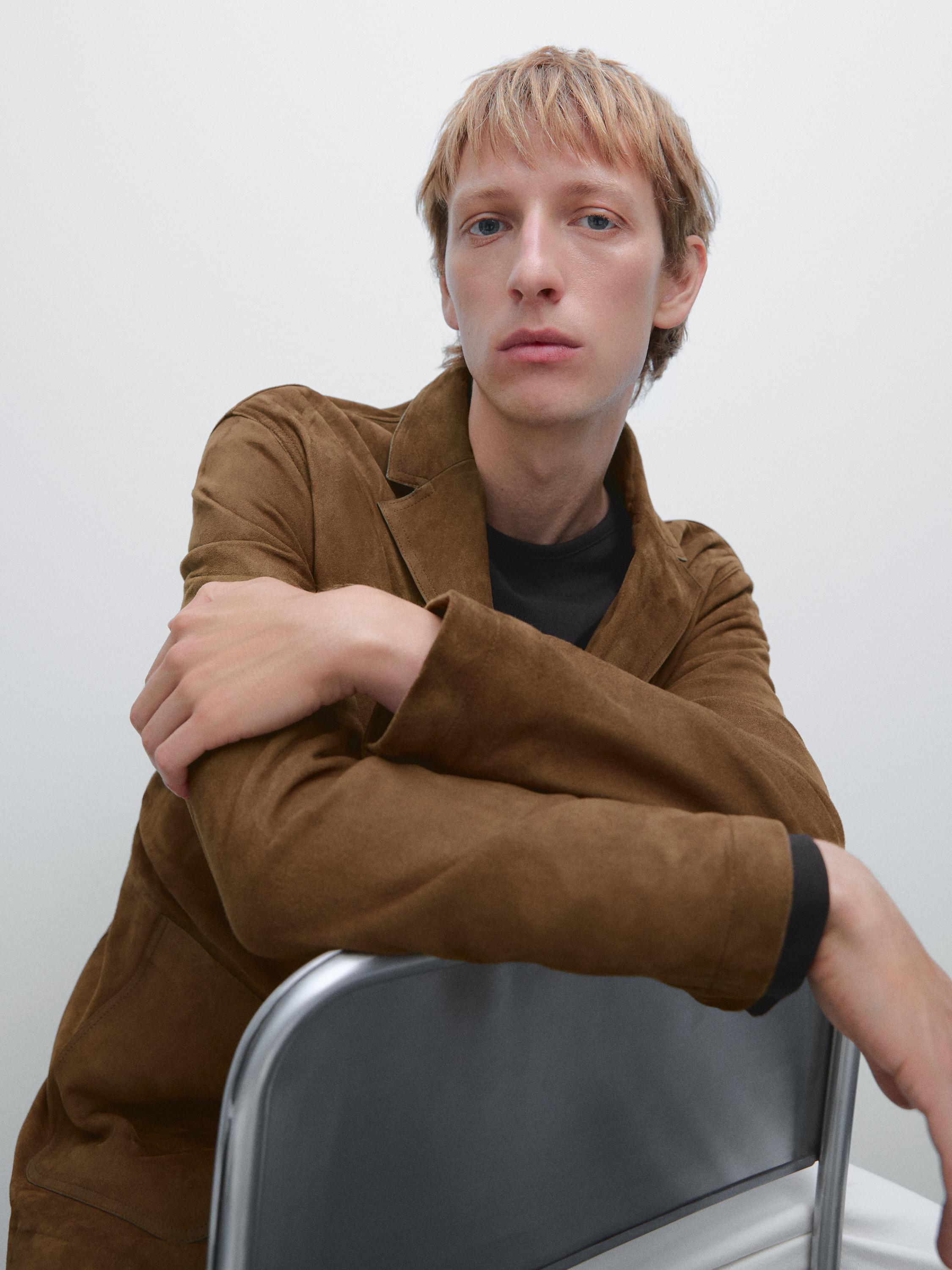 Suede leather blazer with topstitching