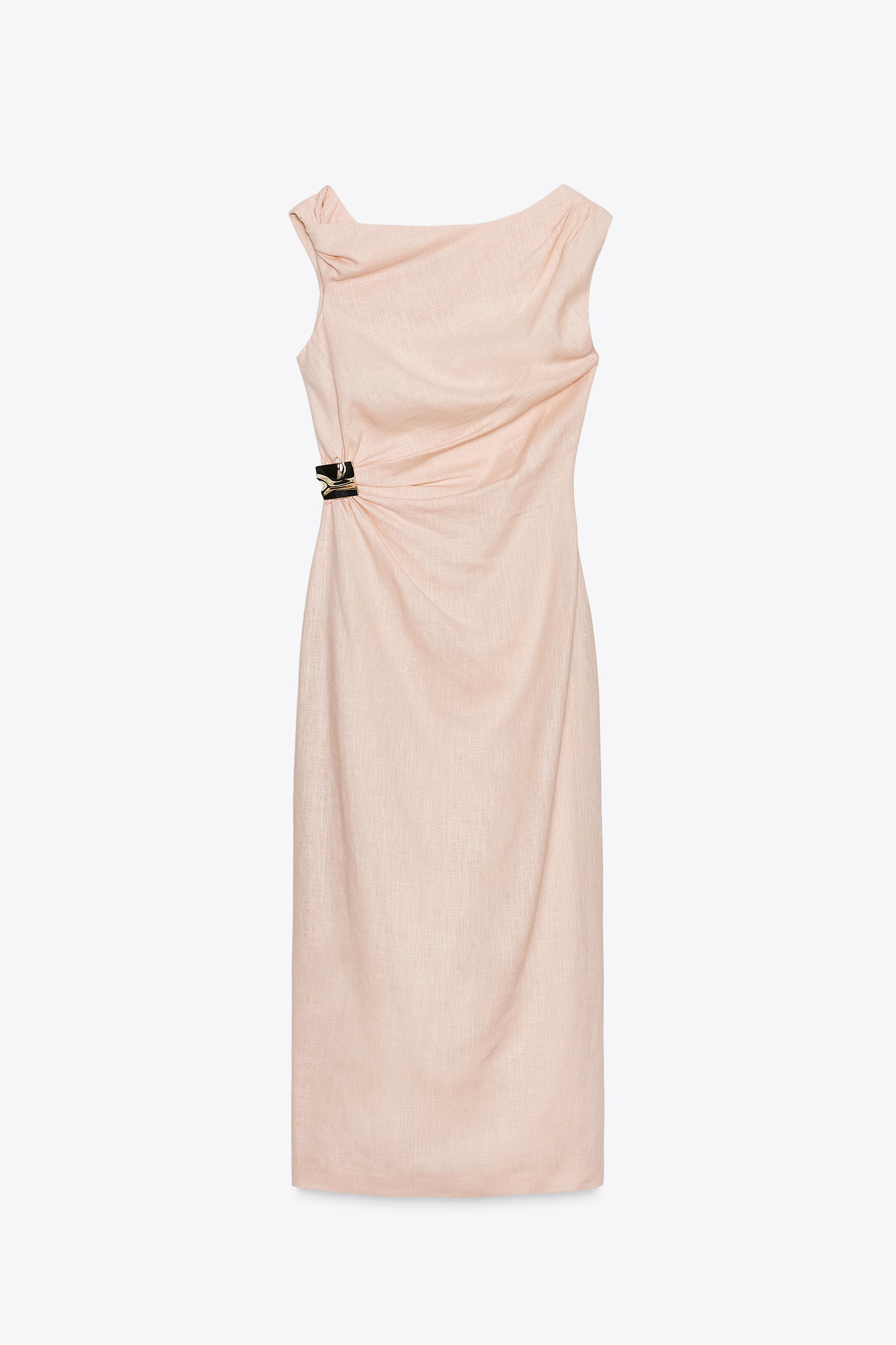 ASYMMETRIC LINEN-BLEND MIDI DRESS WITH APPLIQUÉ