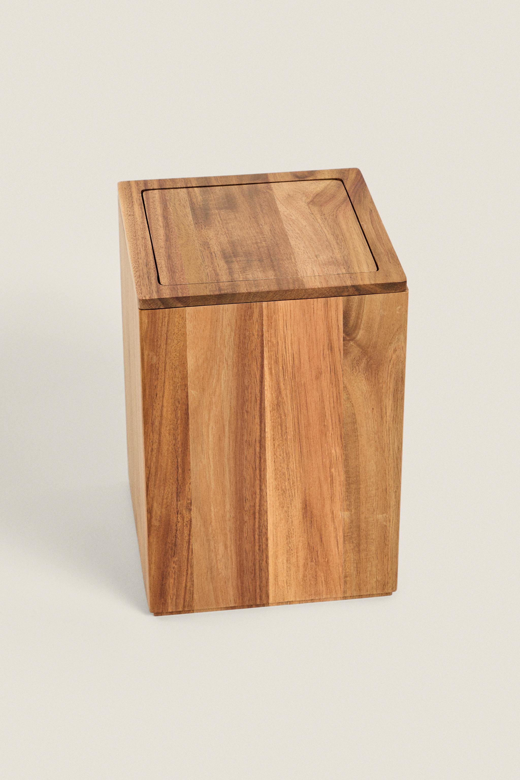 LARGE WOODEN SQUARE BATHROOM TRASH CAN