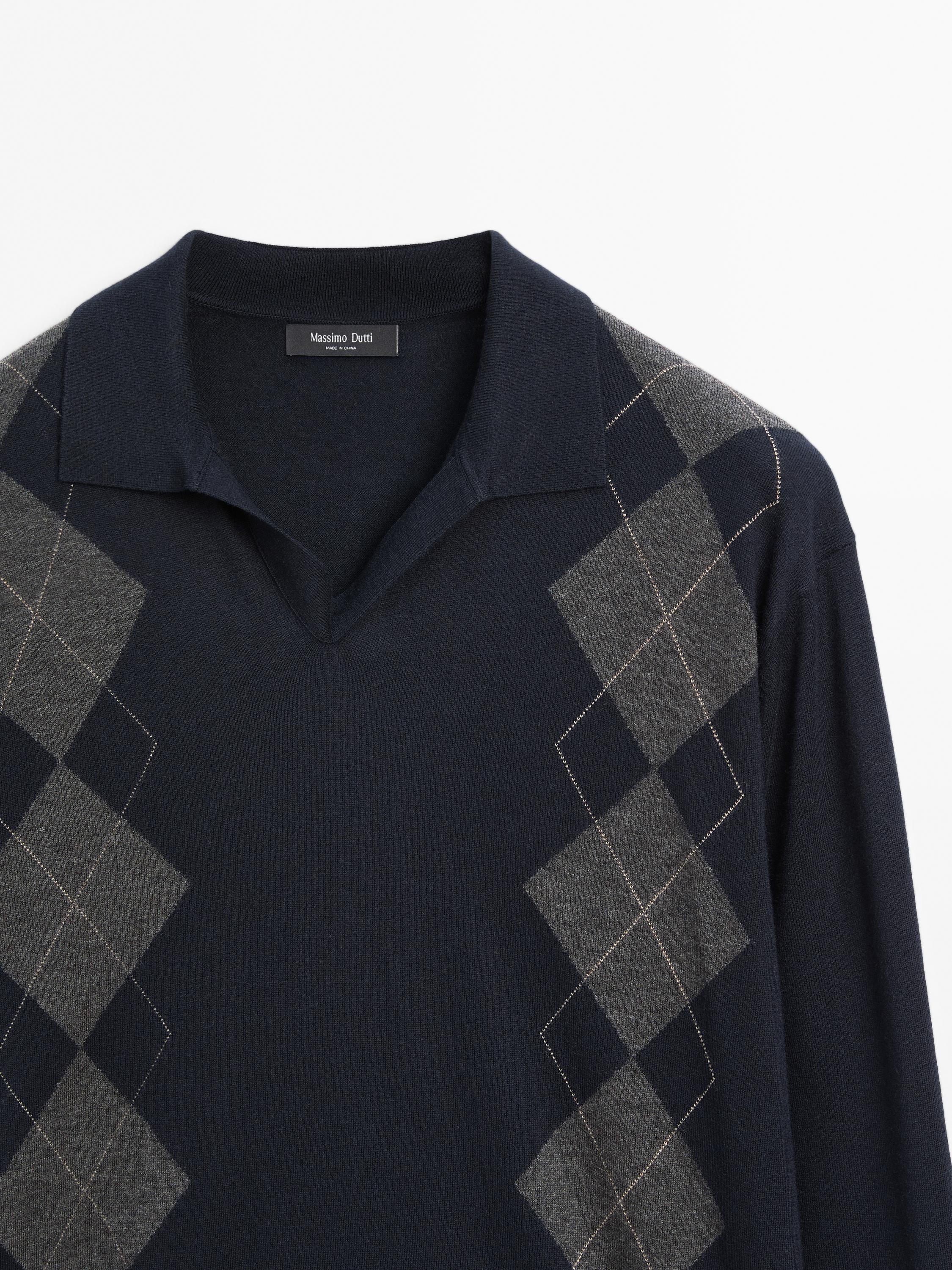 Wool blend Argyle knit polo sweater