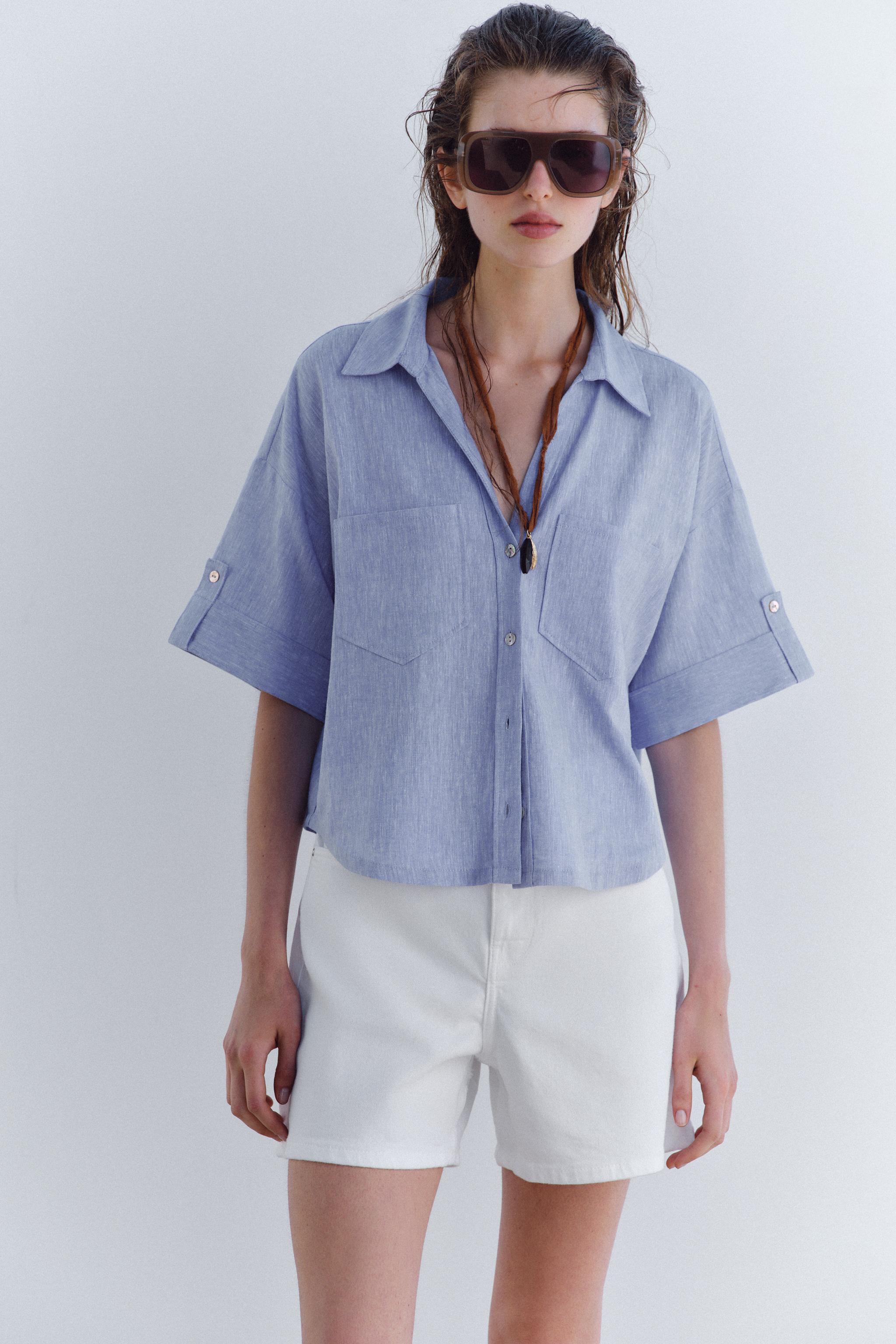 LINEN BLEND CROPPED SHIRT