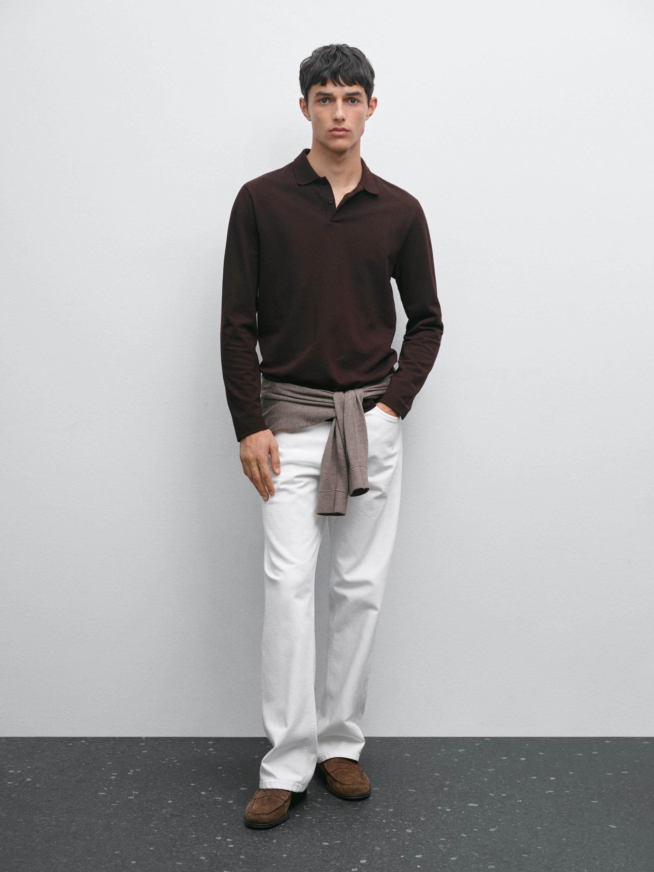 Long sleeve mercerised cotton piqué polo shirt