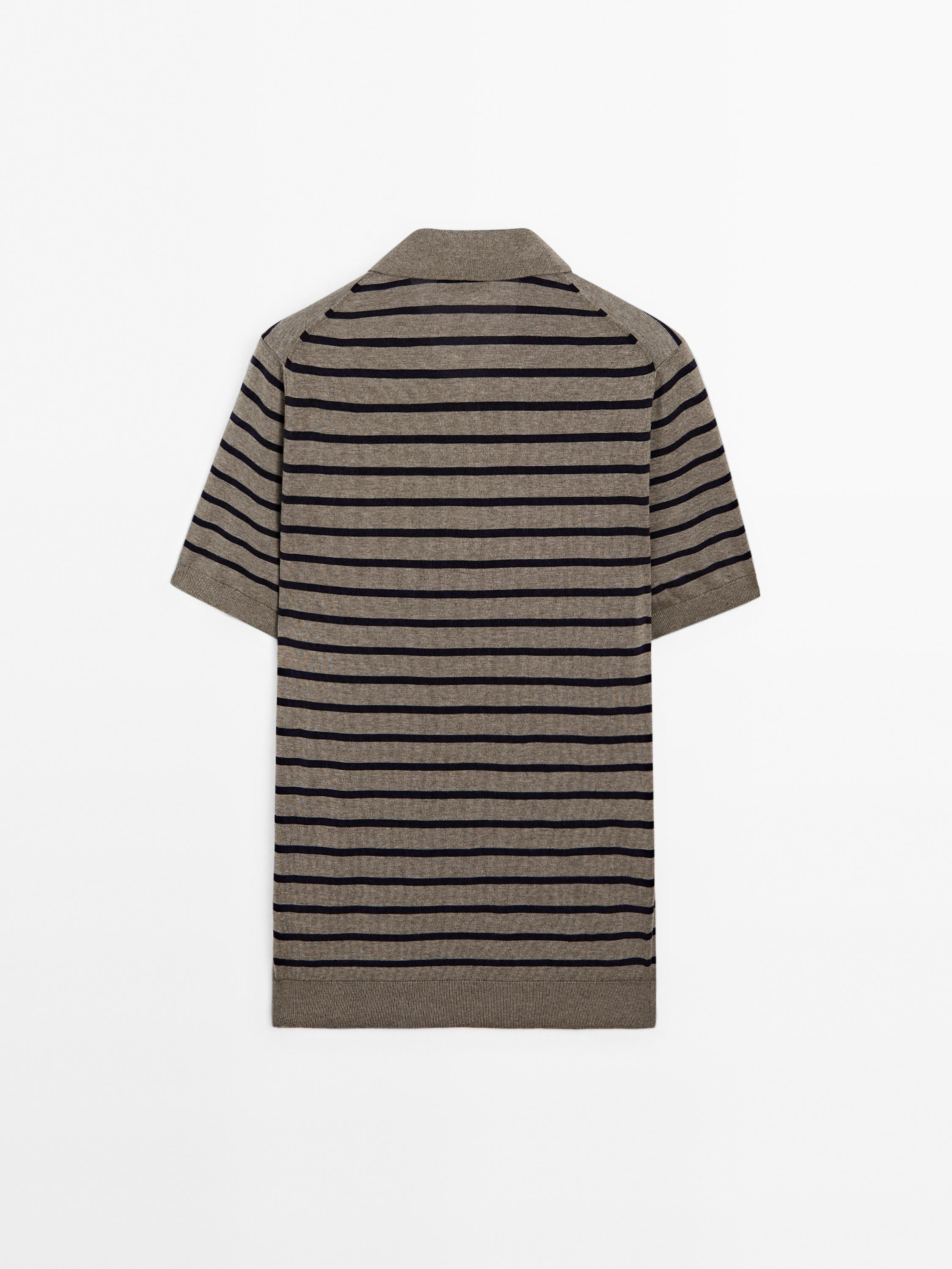 Short sleeve striped knit polo shirt