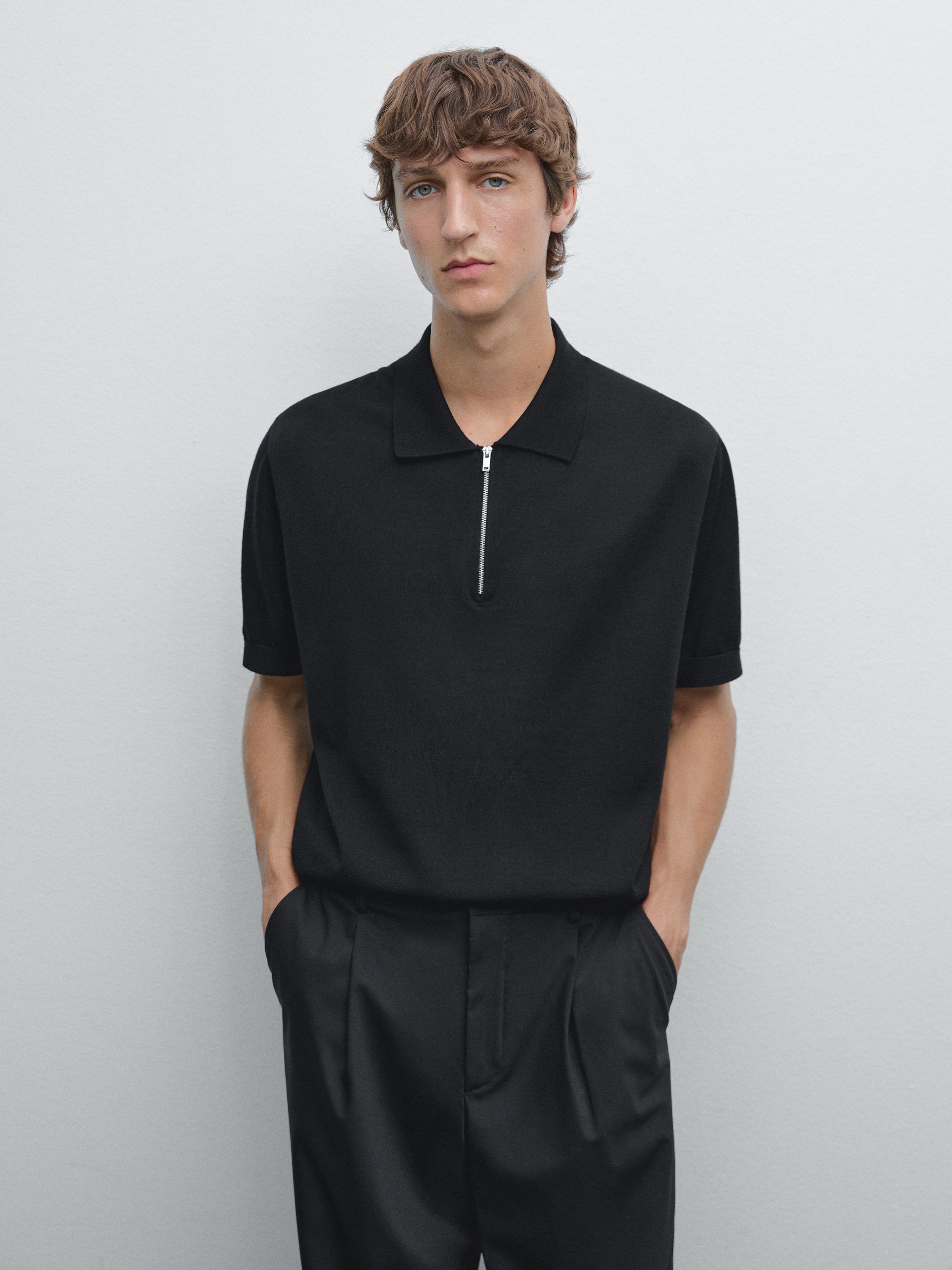 Knit polo shirt with zip collar
