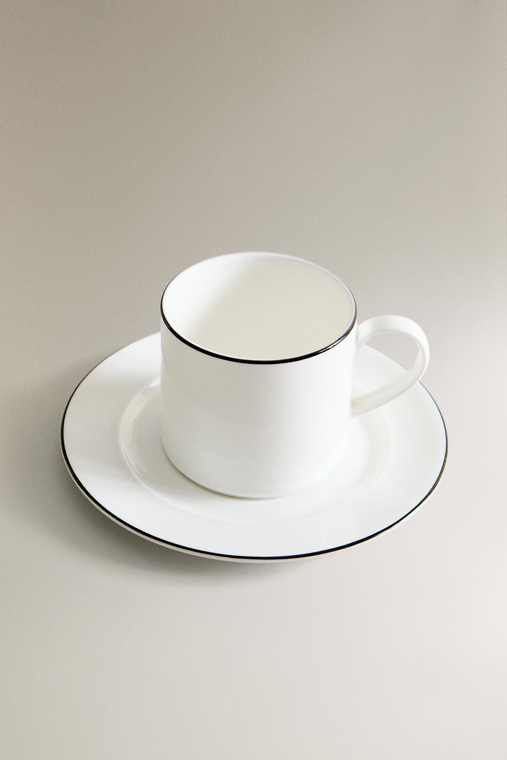BONE CHINA TEACUP AND SAUCER WITH BLACK RIM