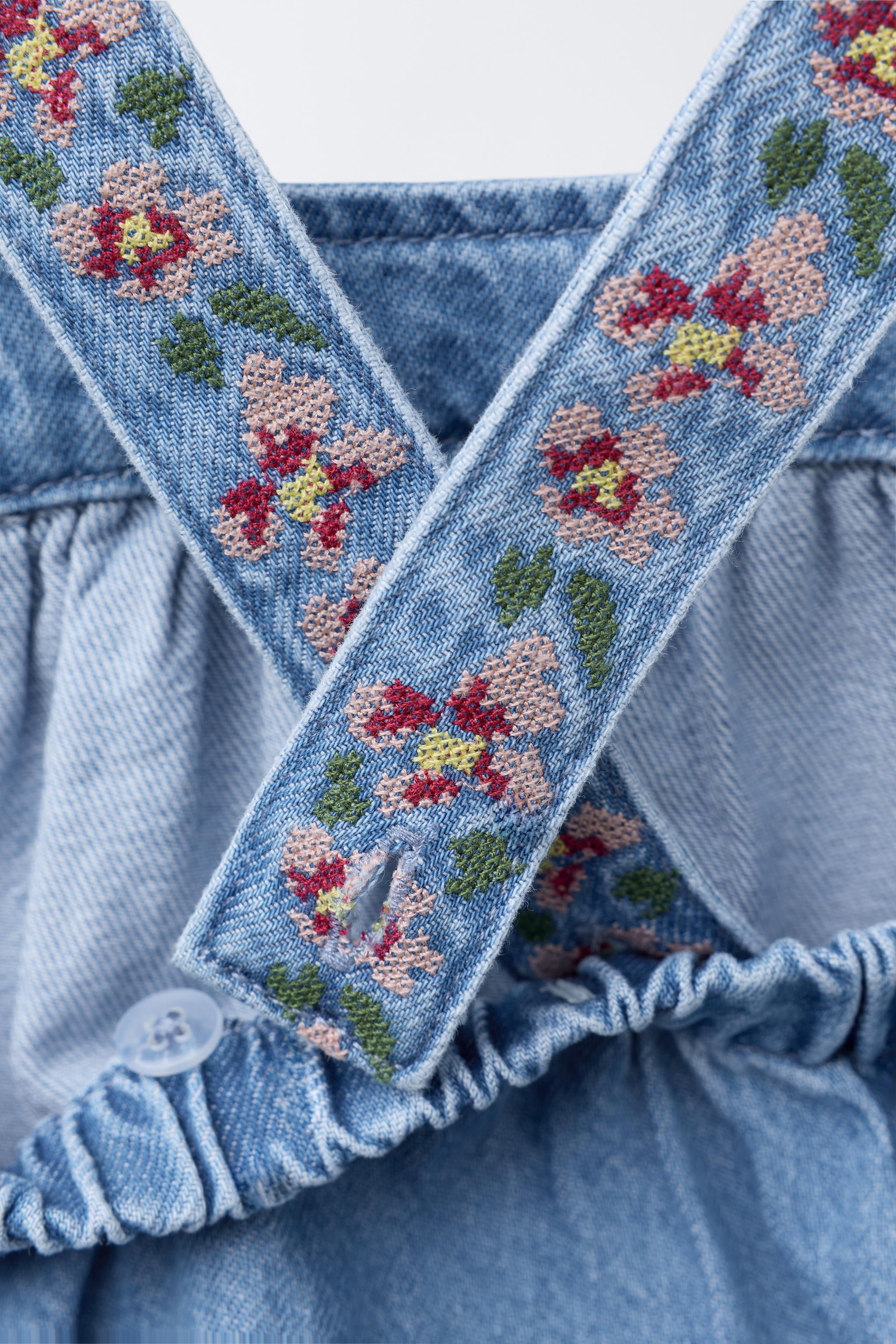 EMBROIDERED DENIM PINAFORE DRESS AND BLOOMERS
