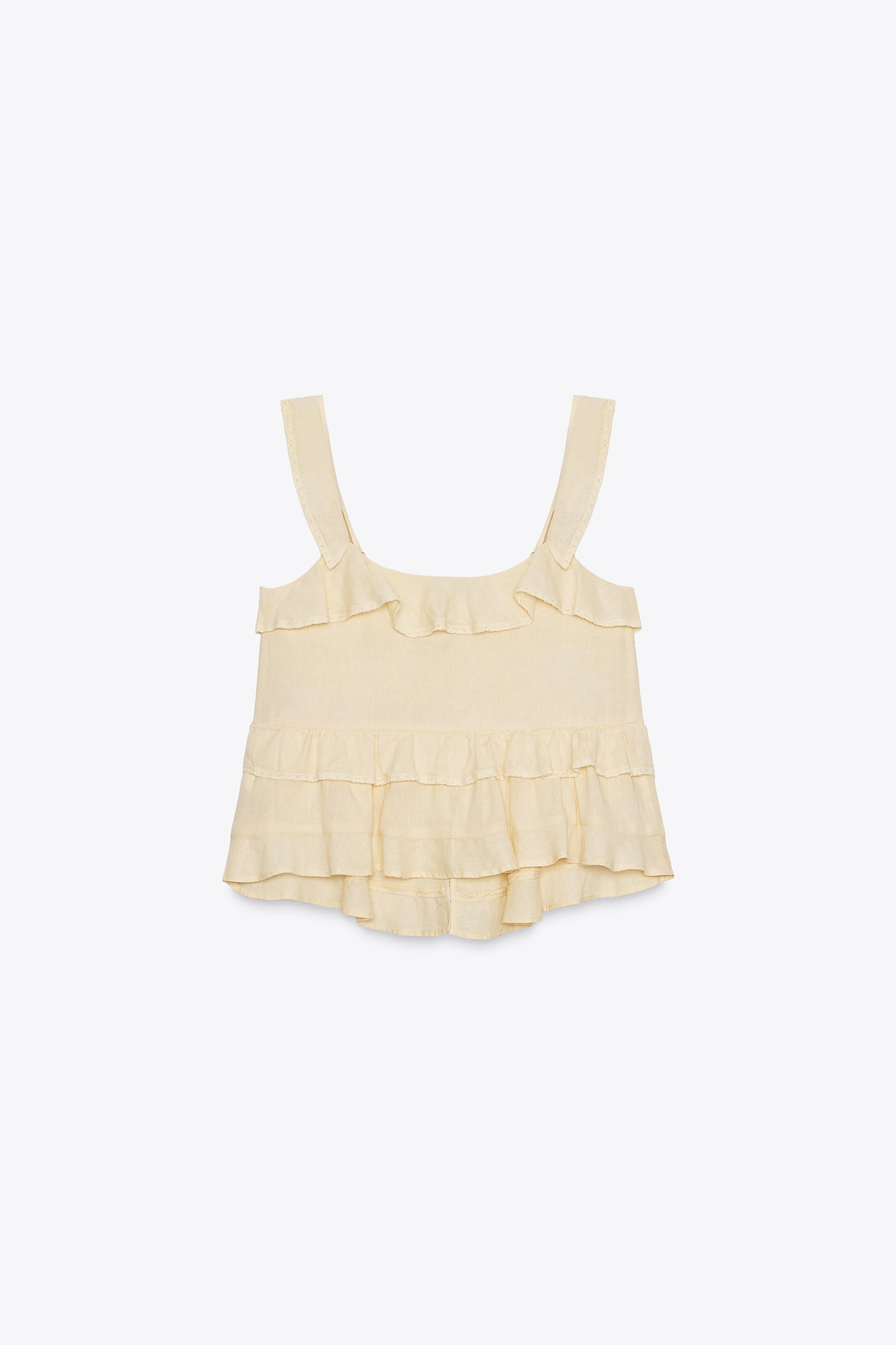 LINEN LACE TRIM RUFFLED TOP