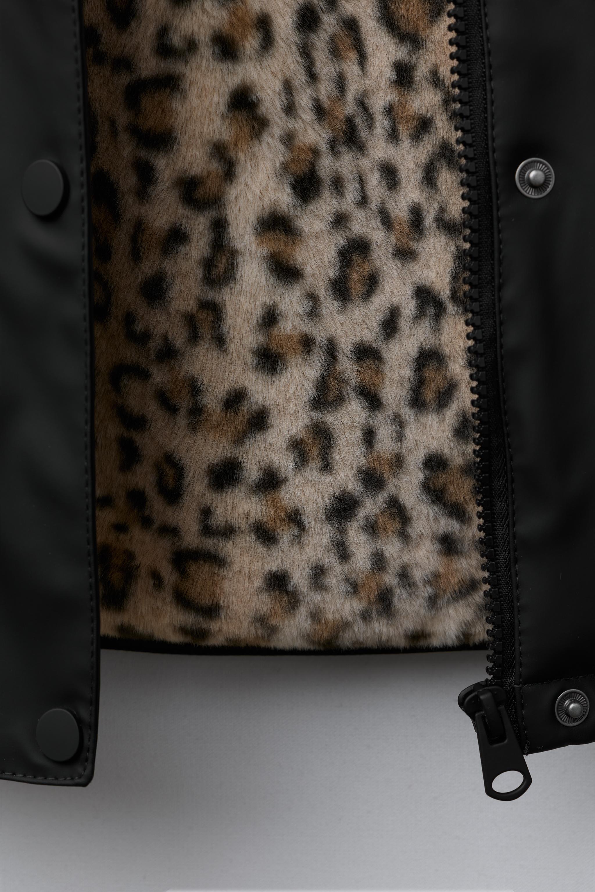 WATER REPELLENT COATED FAUX FUR ANIMAL PRINT JACKET