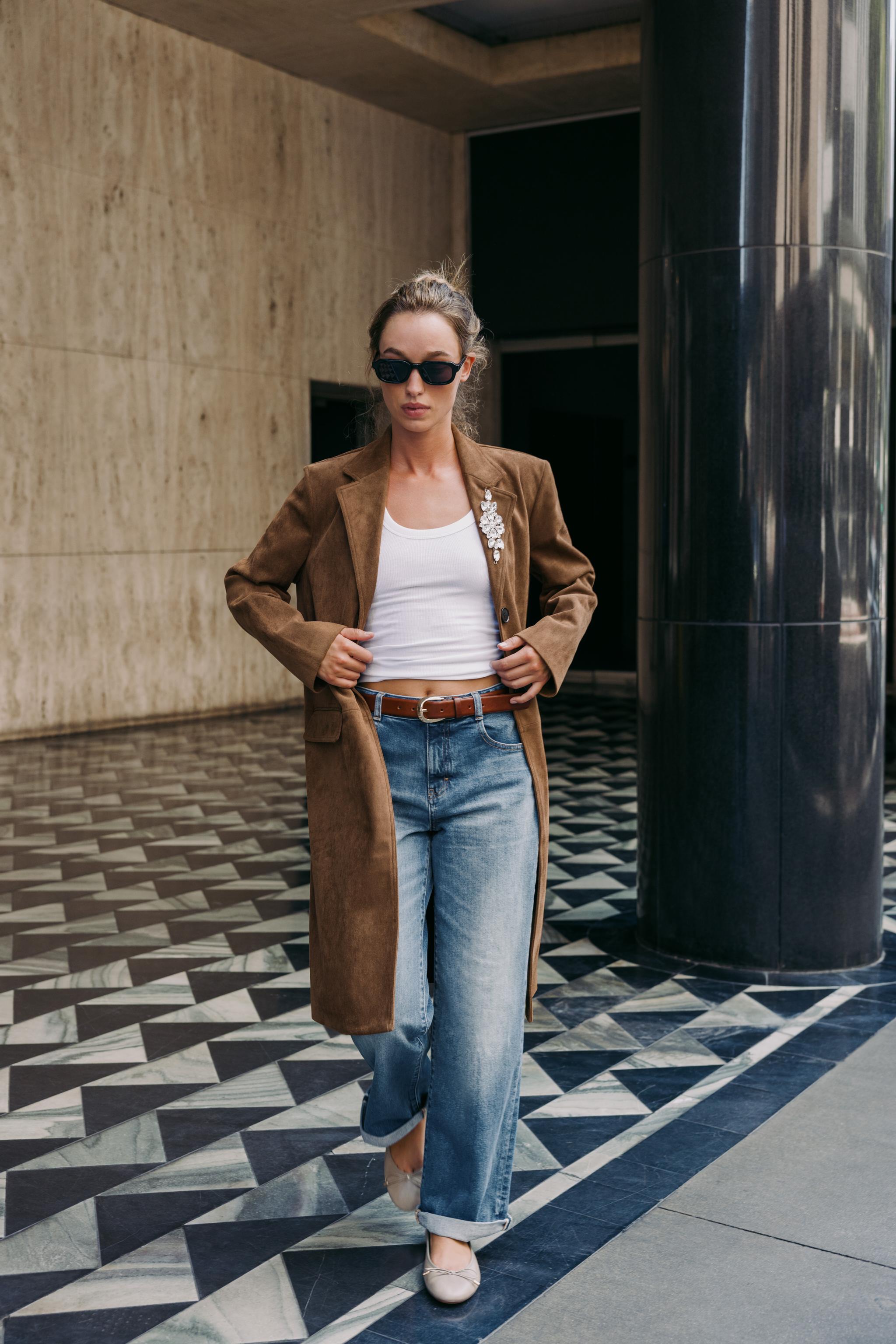 FAUX SUEDE FROCK COAT WITH BROOCH