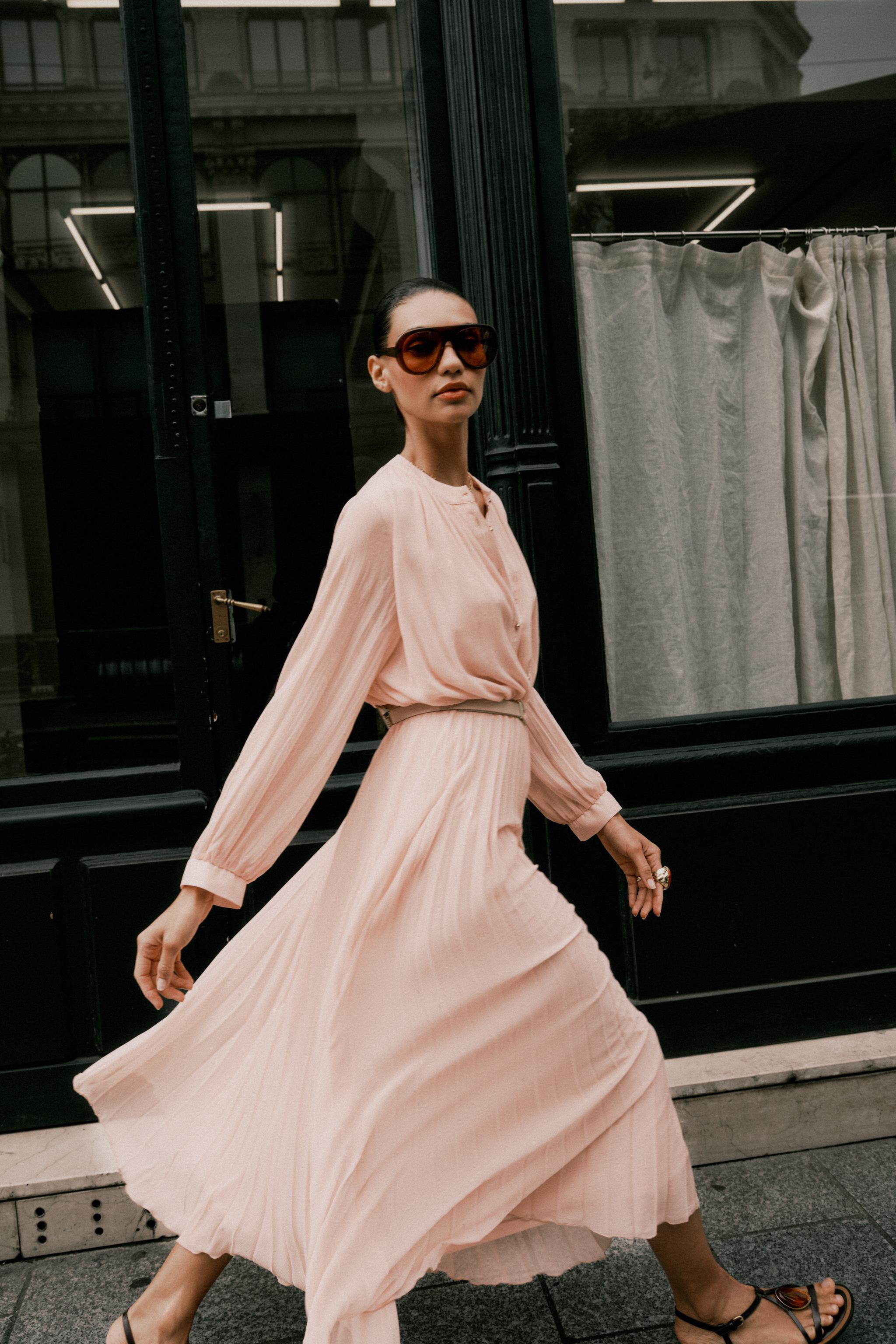 BELTED PLEATED MIDI DRESS