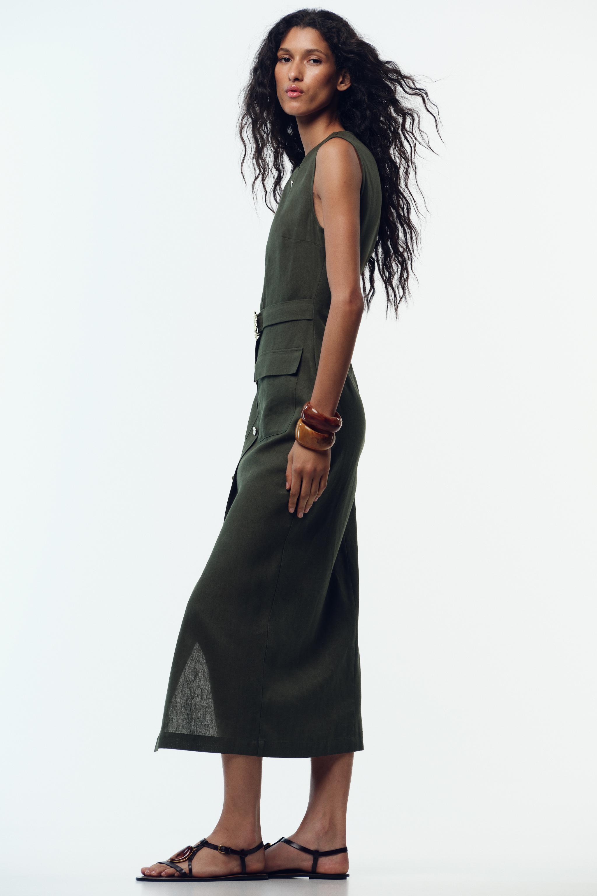 LINEN BELTED MIDI DRESS