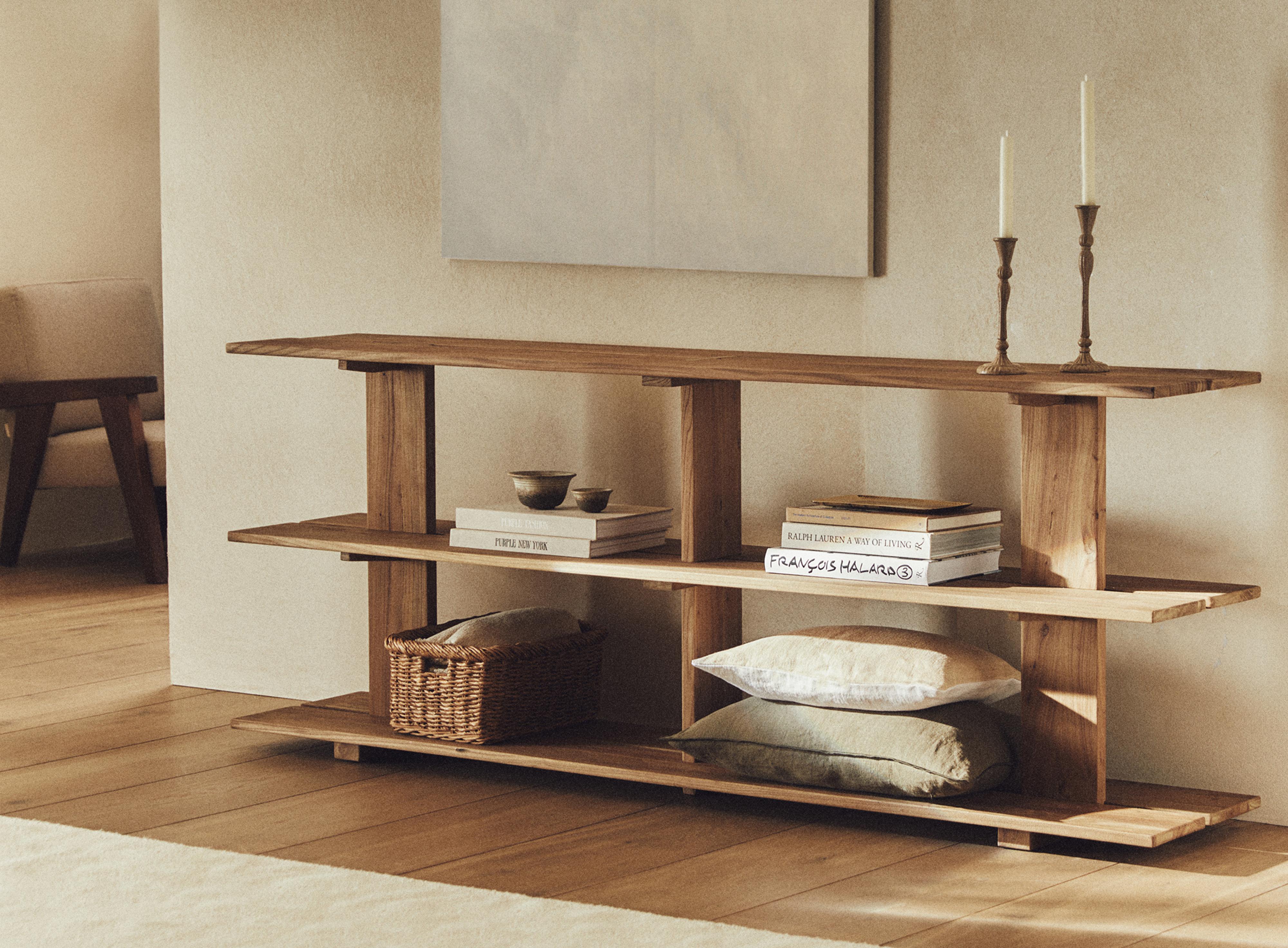 ELM WOOD SHELVING UNIT WITH THREE SHELVES