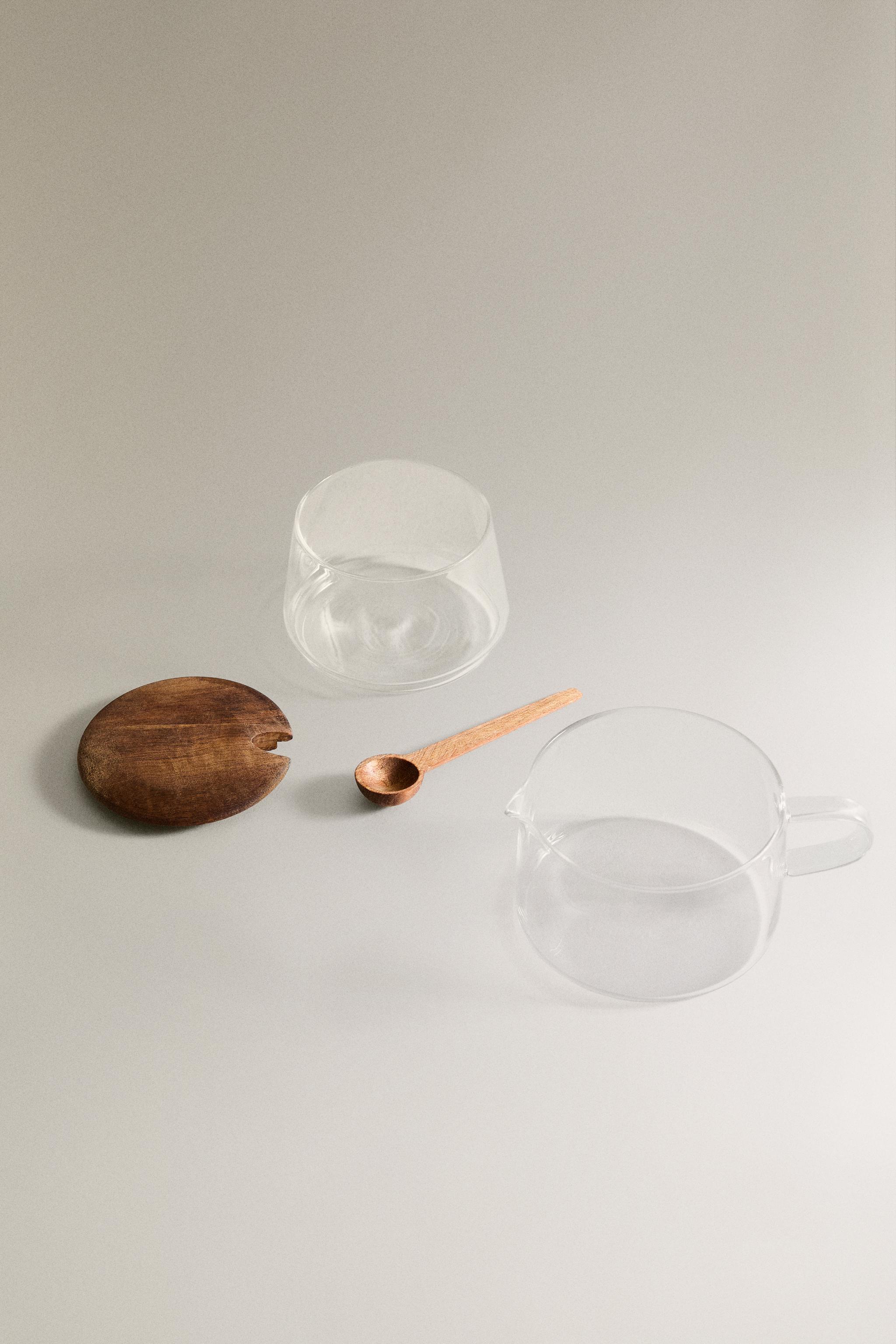 BOROSILICATE GLASS AND WOOD SUGAR SET