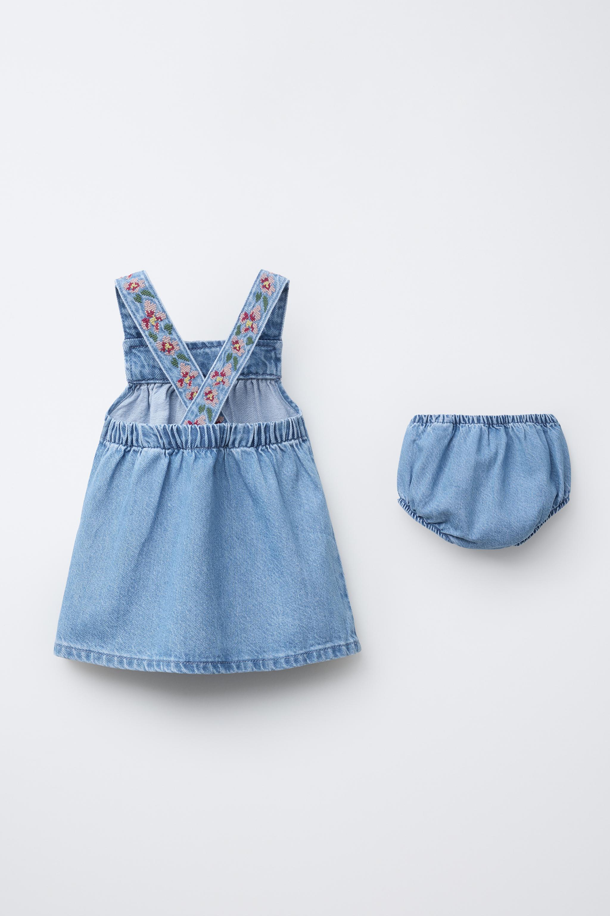 EMBROIDERED DENIM PINAFORE DRESS AND BLOOMERS
