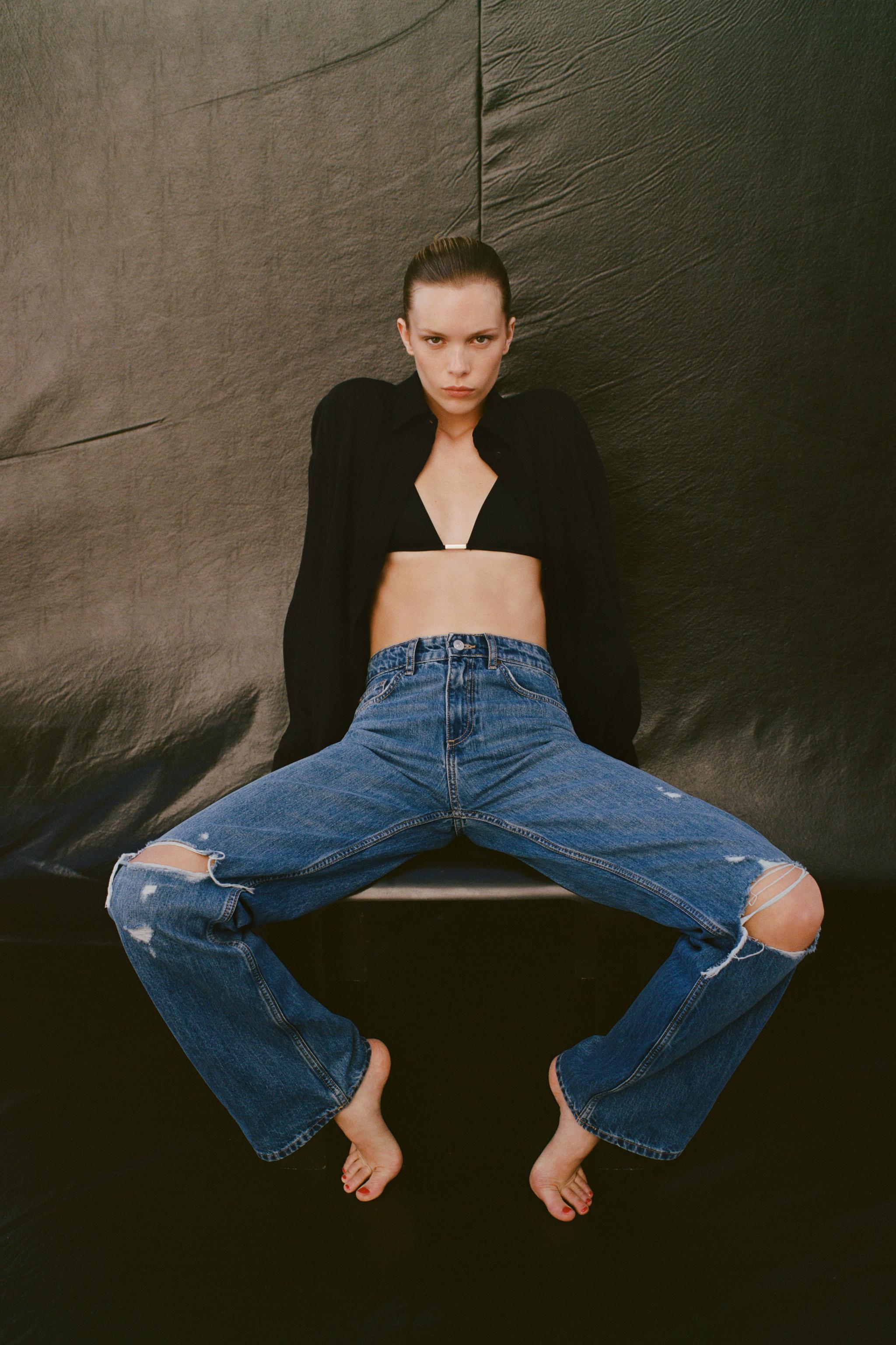 TRF MID-RISE RIPPED WIDE LEG JEANS