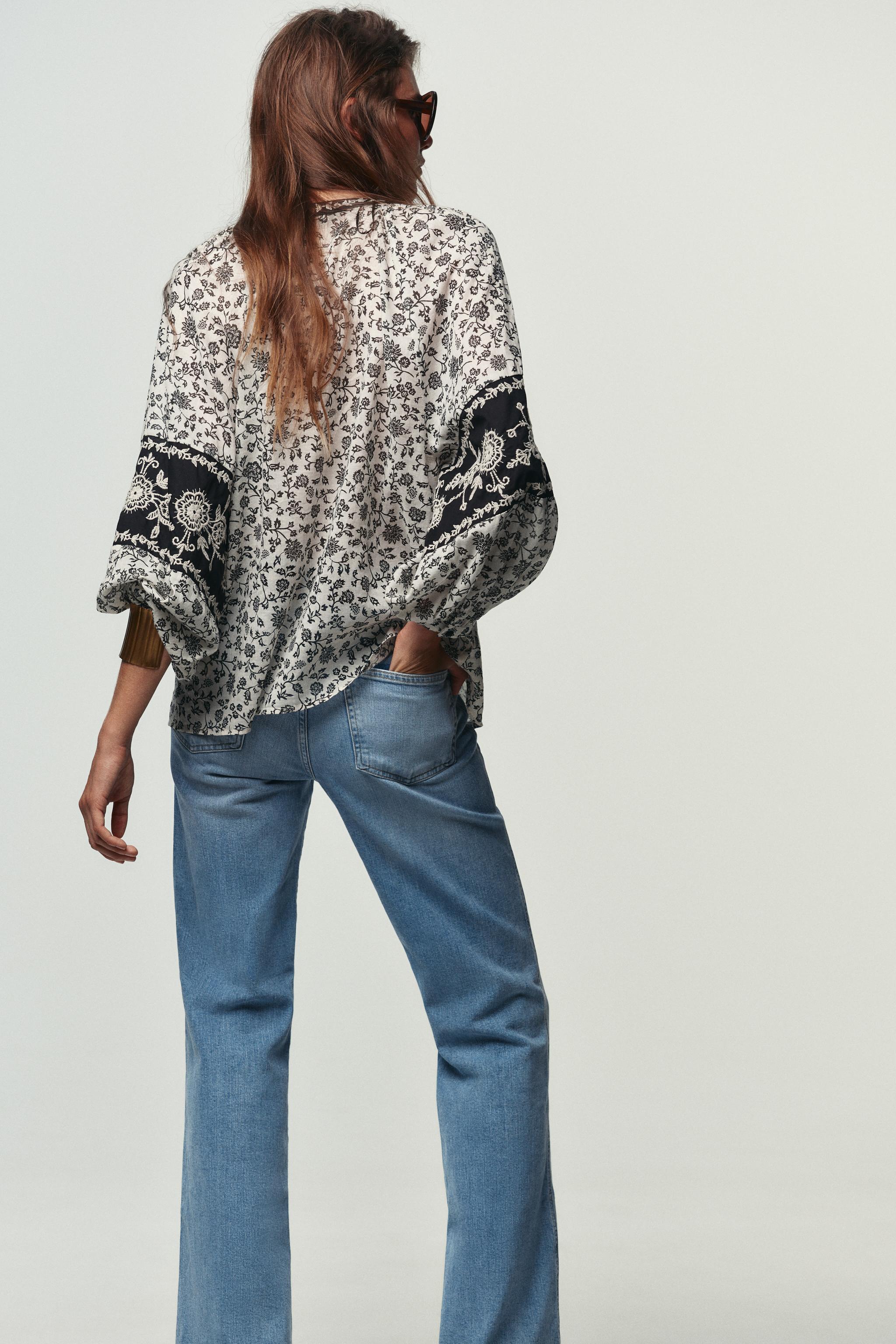 FLORAL PRINT BEADED EMBROIDERY BLOUSE