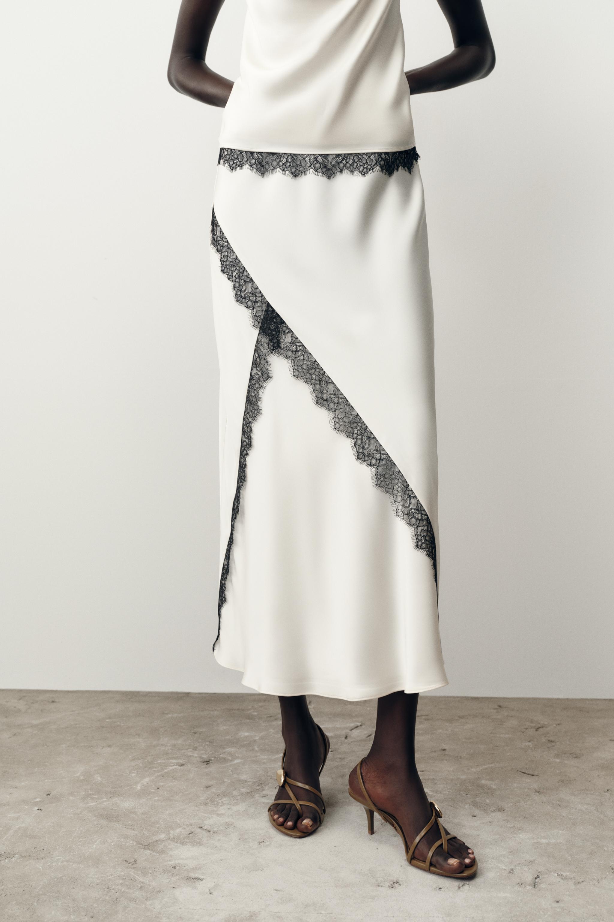 SATIN EFFECT LACE MIDI SKIRT