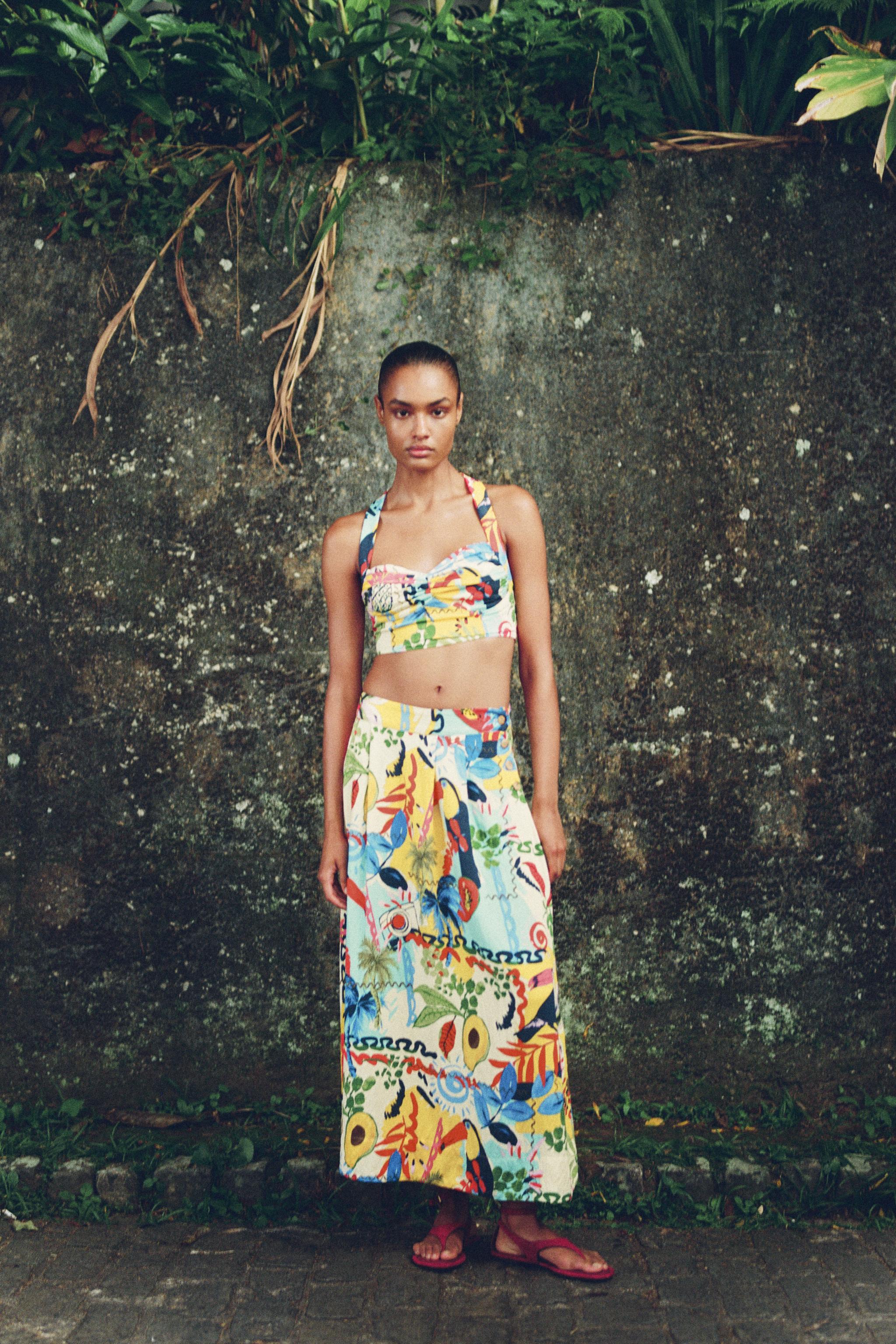 TROPICAL PRINT LAYERED MIDI SKIRT