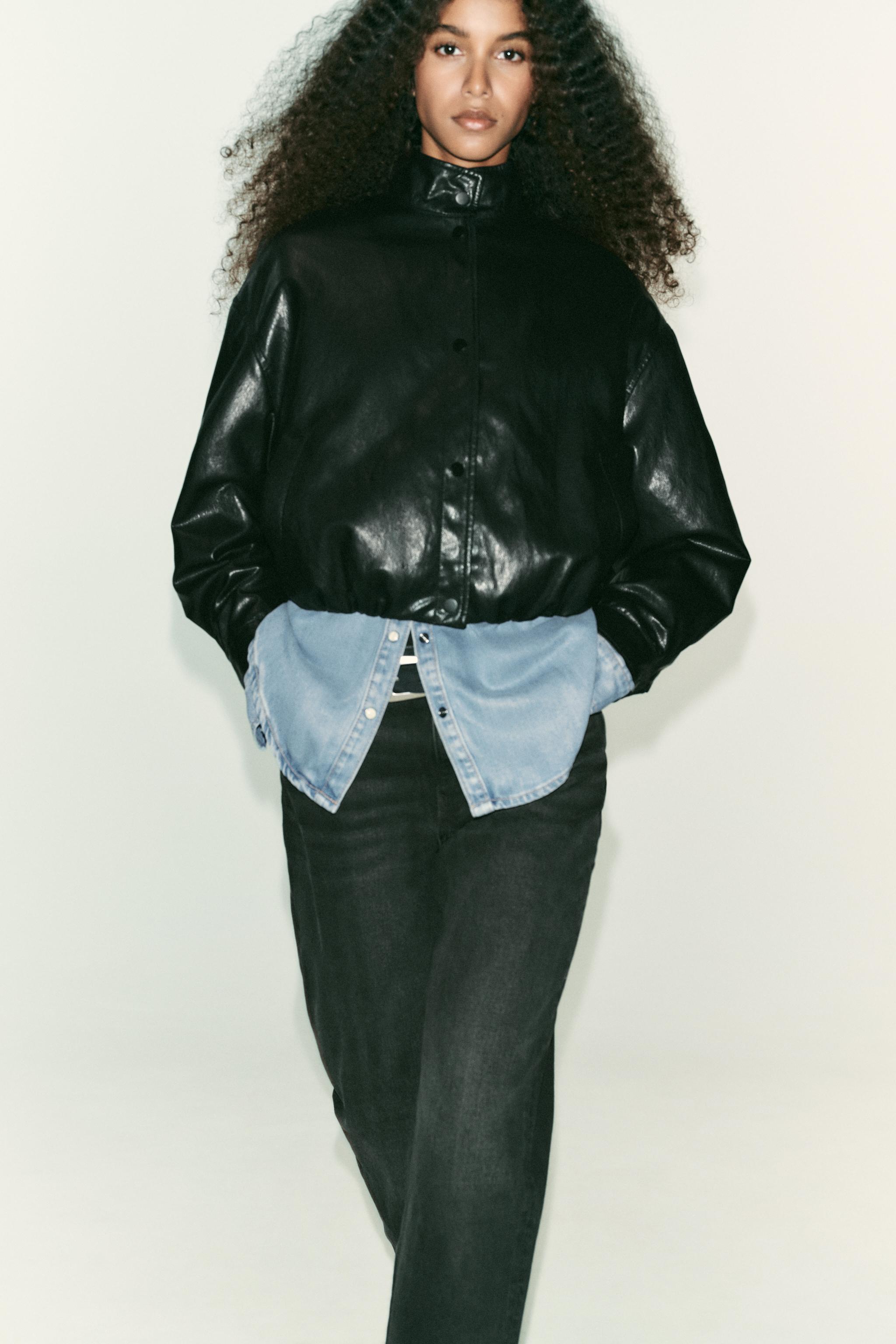 HIGH COLLAR FAUX LEATHER BOMBER JACKET