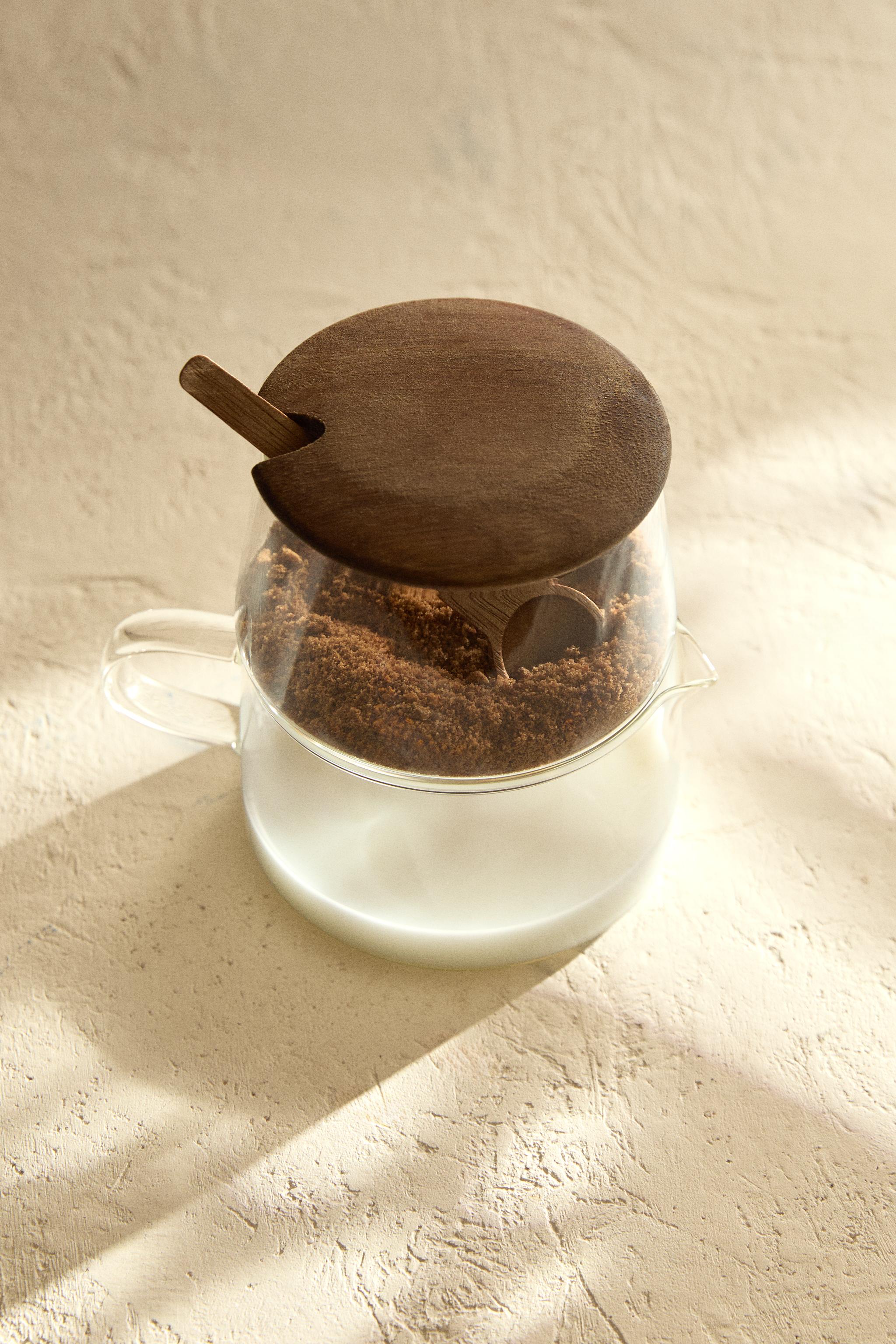 BOROSILICATE GLASS AND WOOD SUGAR SET