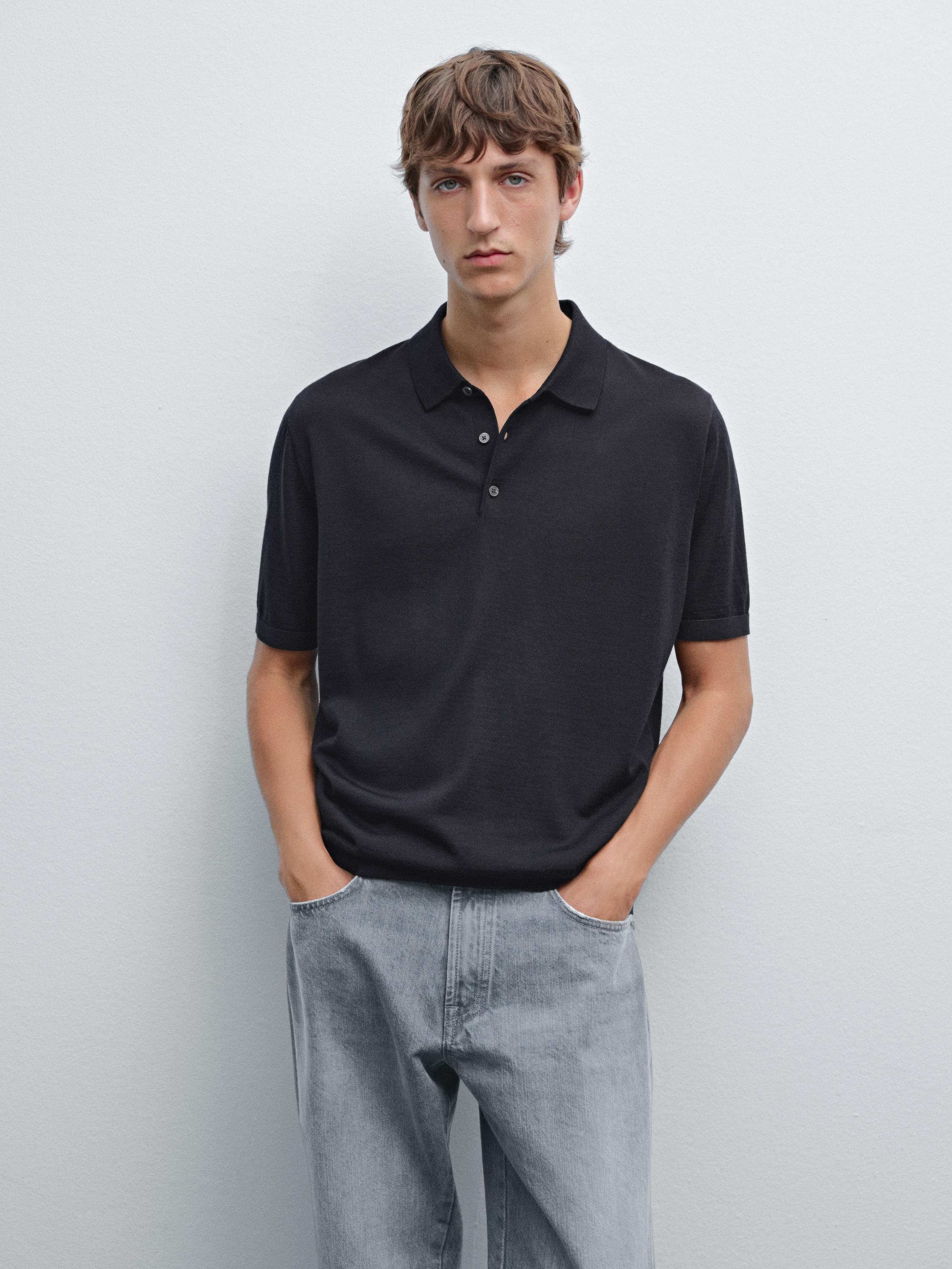 Short sleeve wool blend knit polo shirt