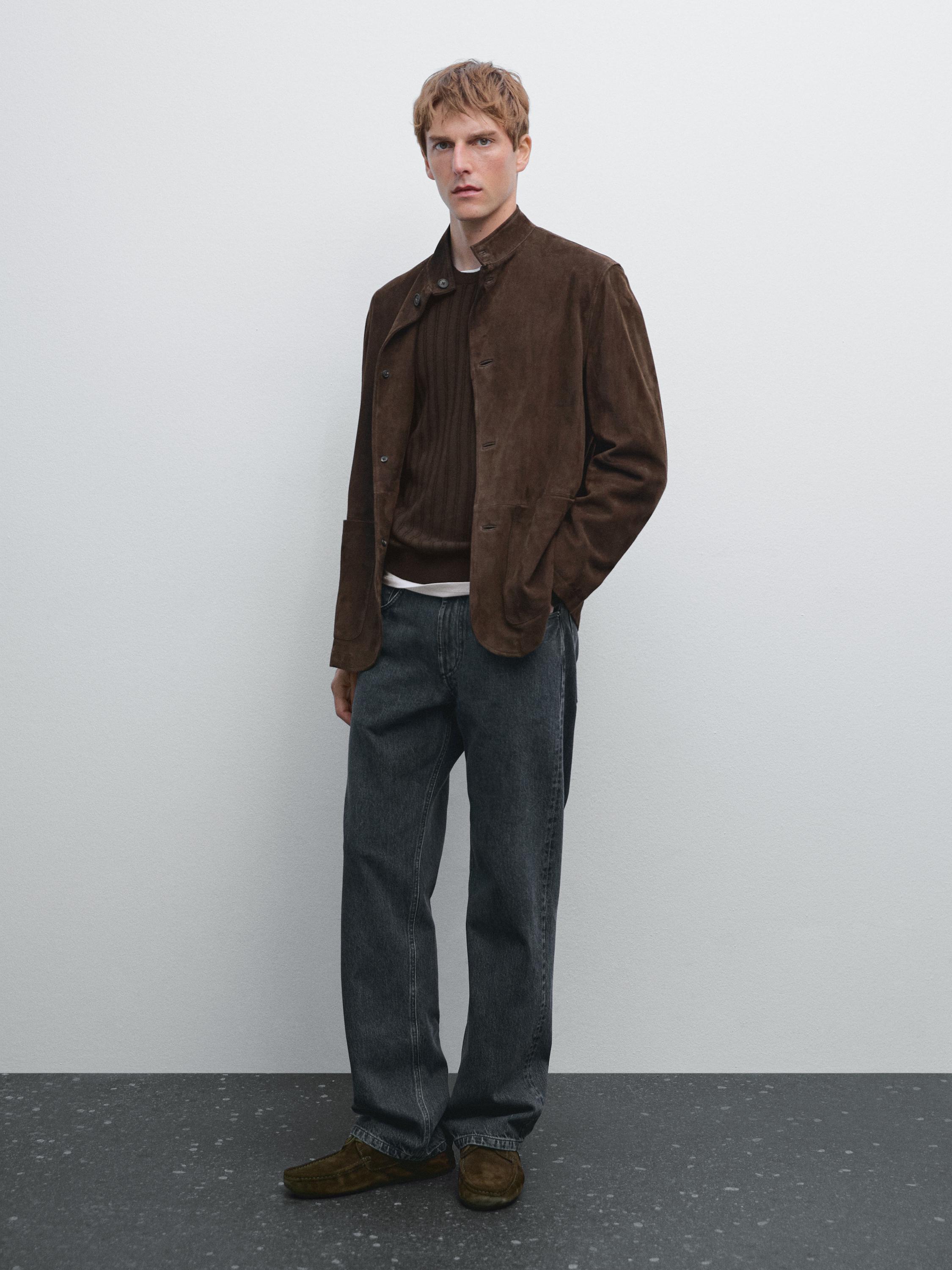 Suede leather stand collar jacket