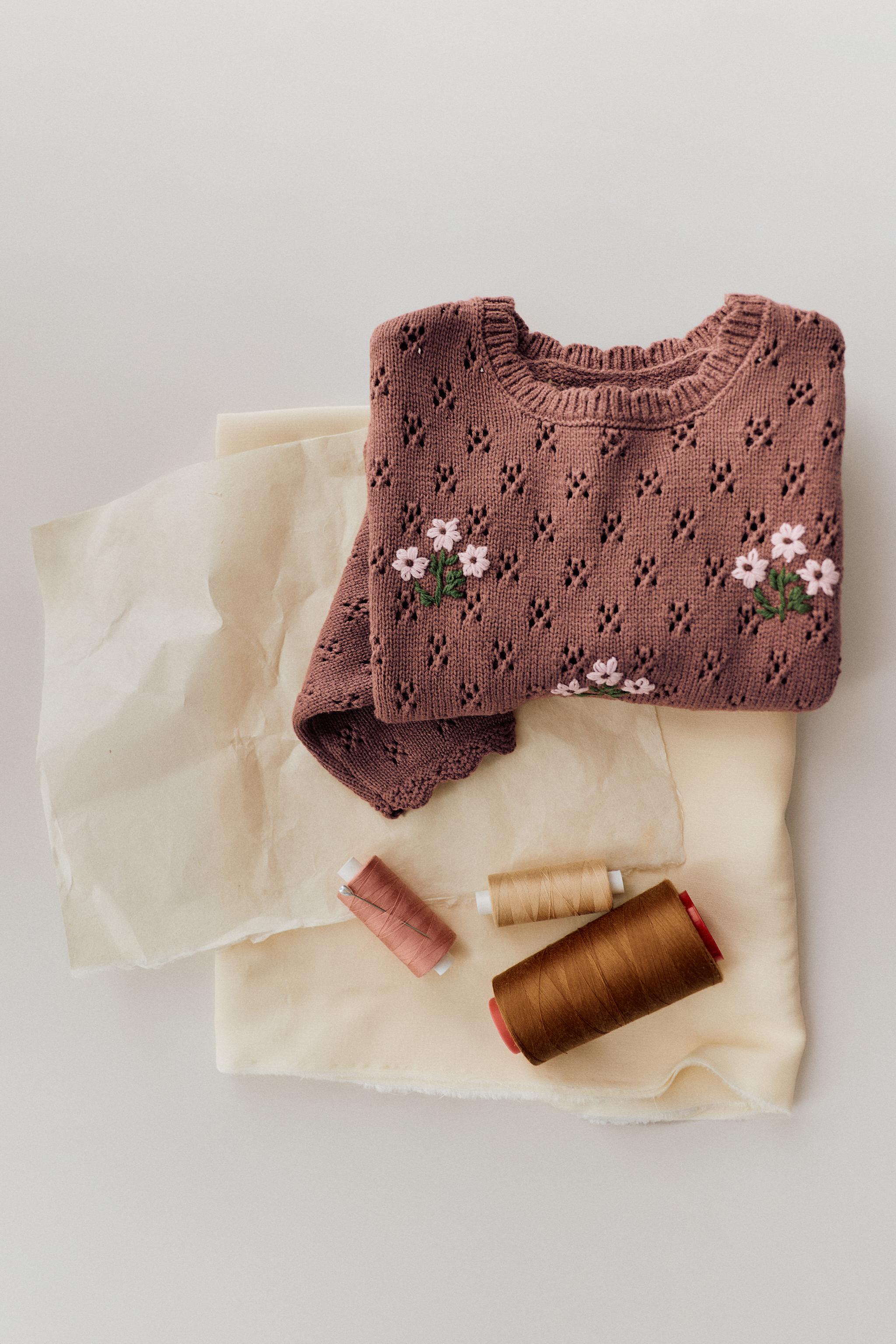 OPENWORK KNIT EMBROIDERED SWEATER