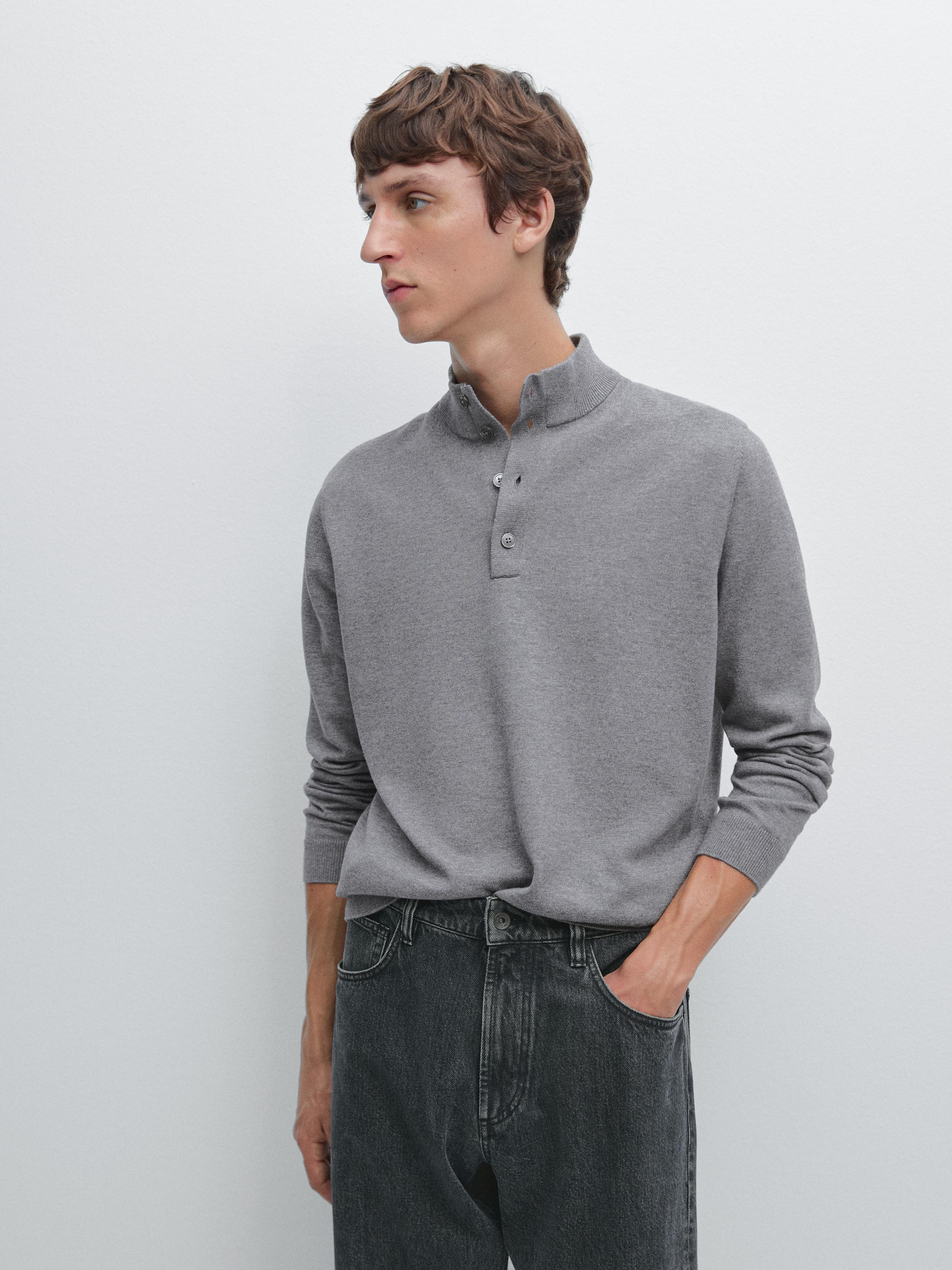 Knit sweater with mock button neck