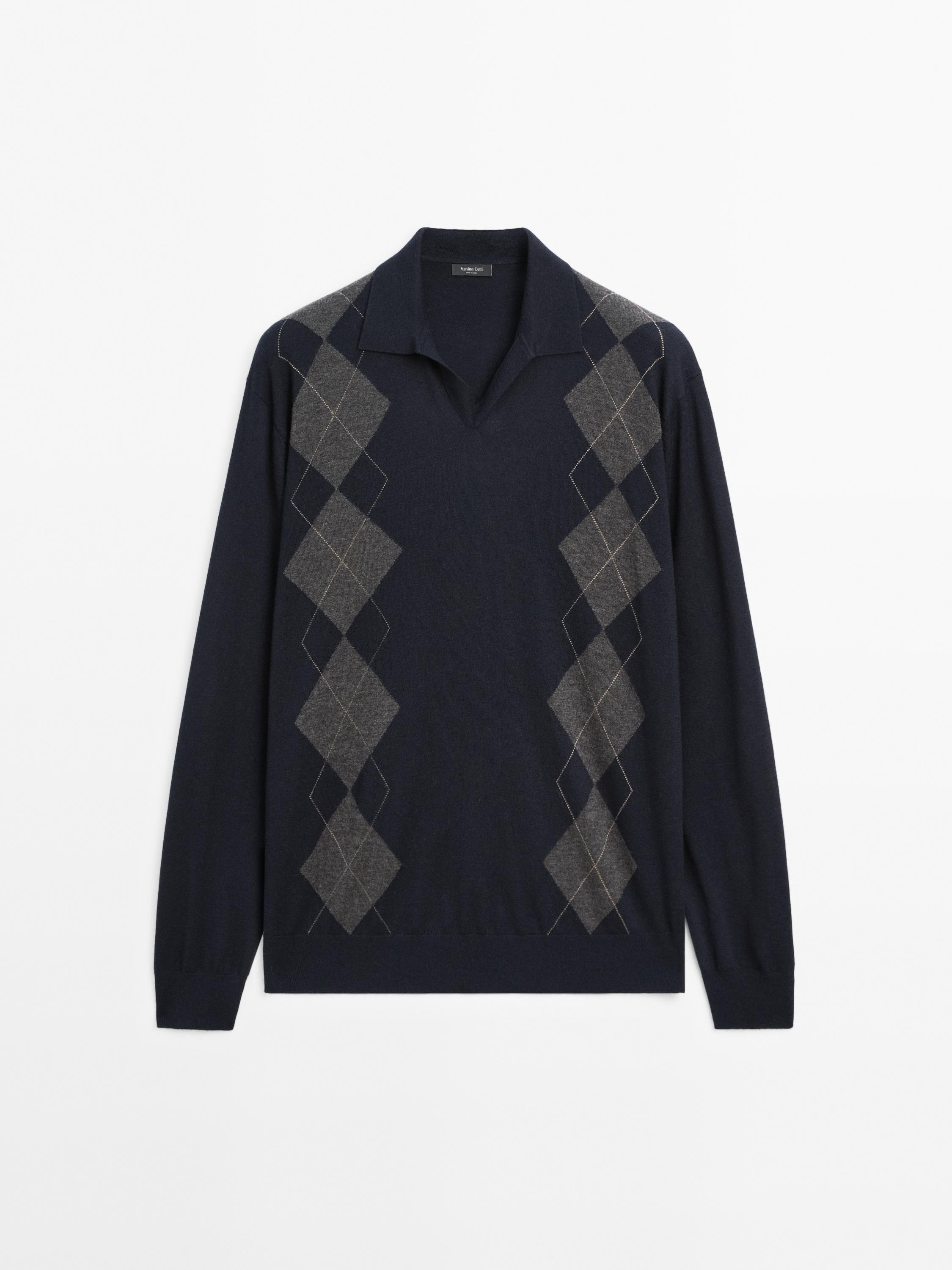 Wool blend Argyle knit polo sweater