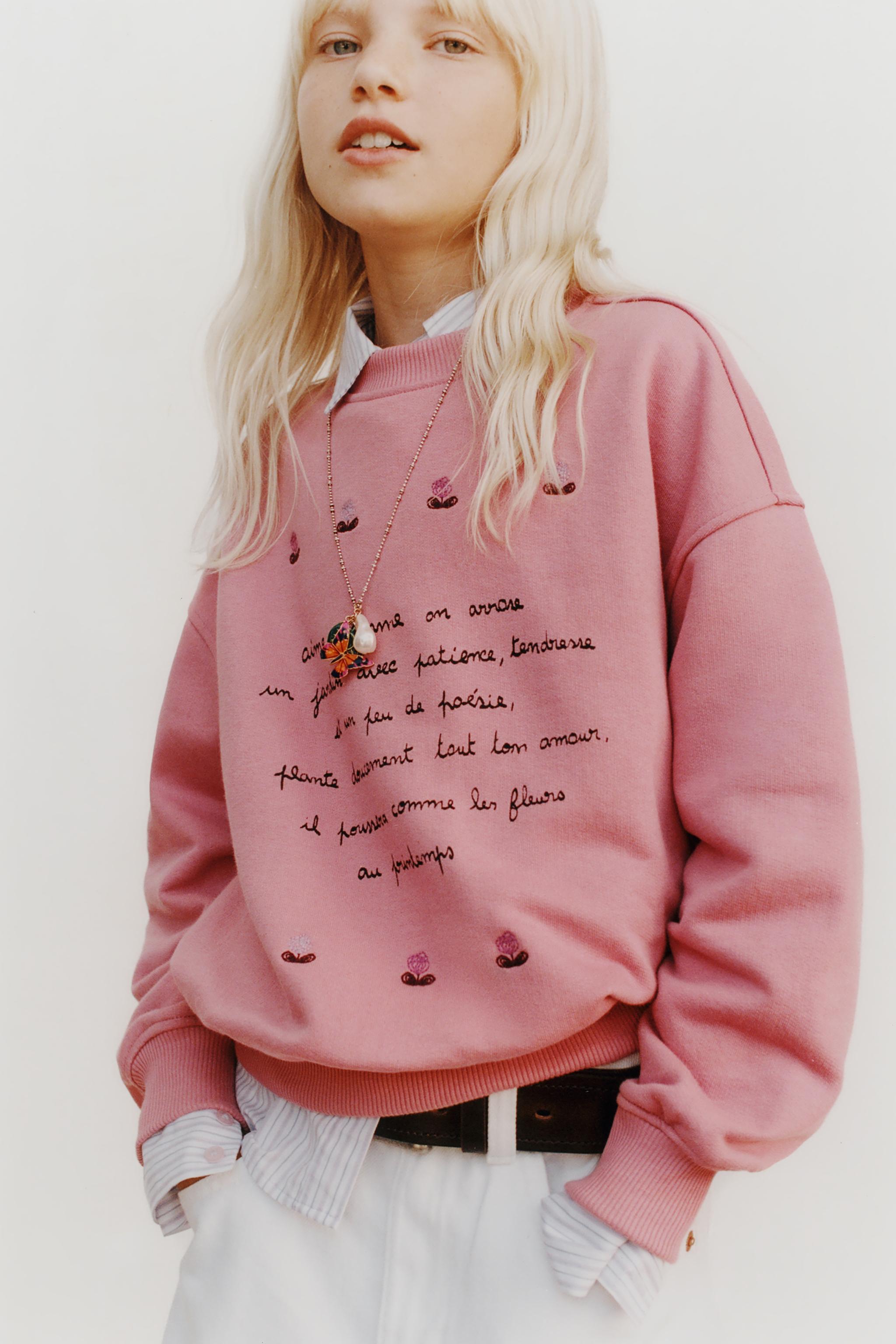 TEXT AND FLORAL EMBROIDERY SWEATSHIRT