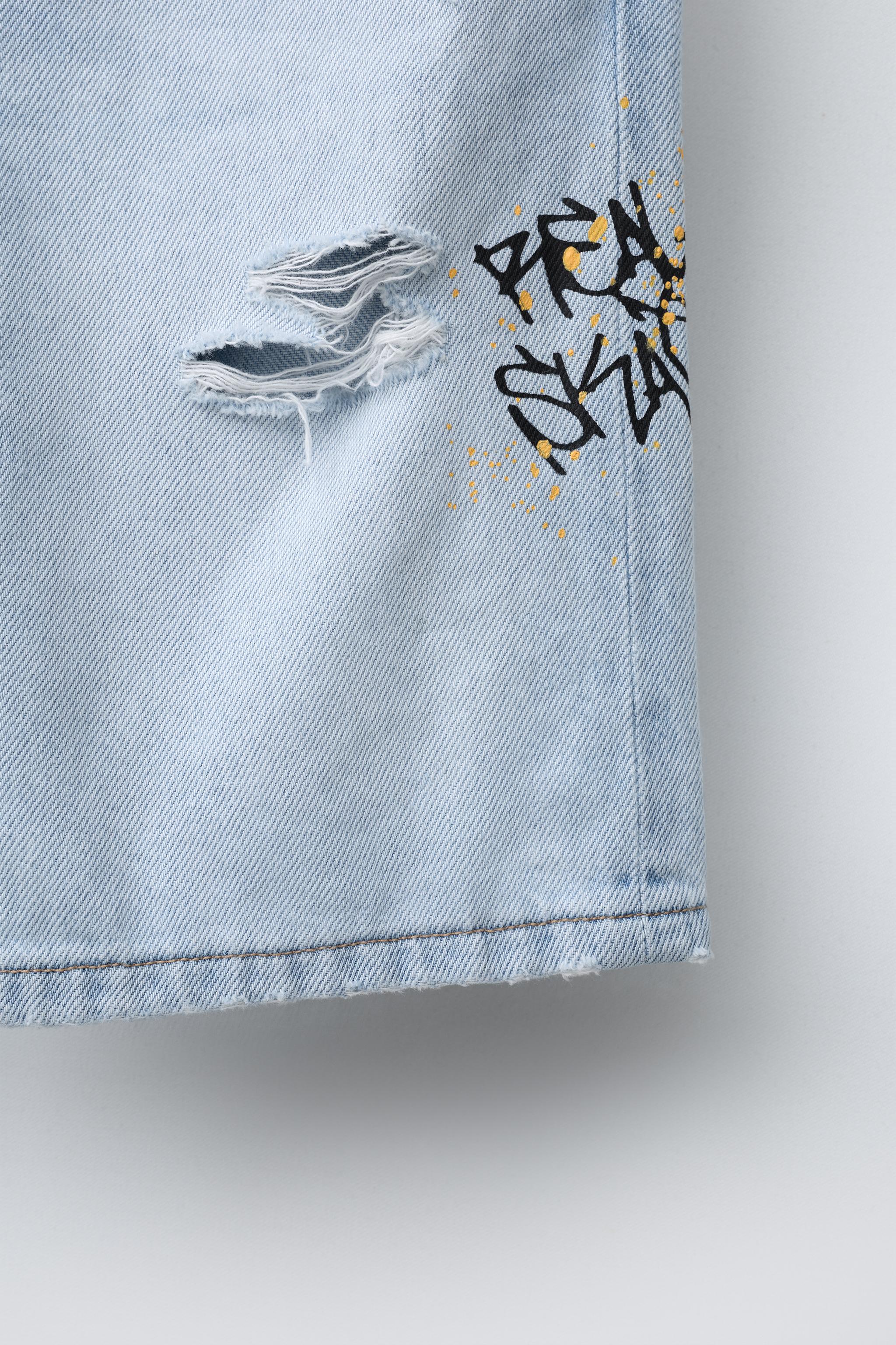 RIPPED AND GRAFFITI PRINT STRAIGHT DENIM SHORTS