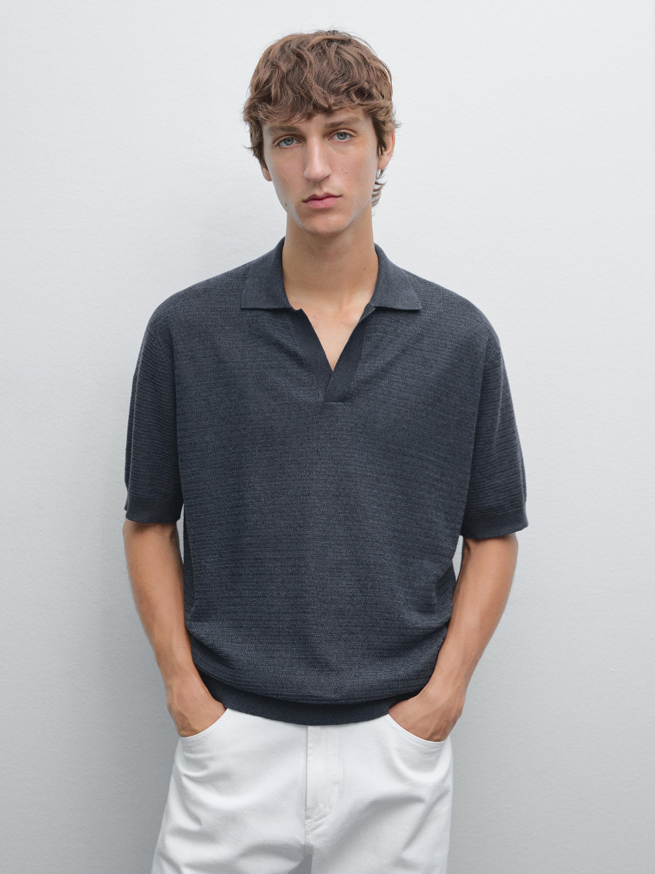 Linen and cotton knit polo shirt