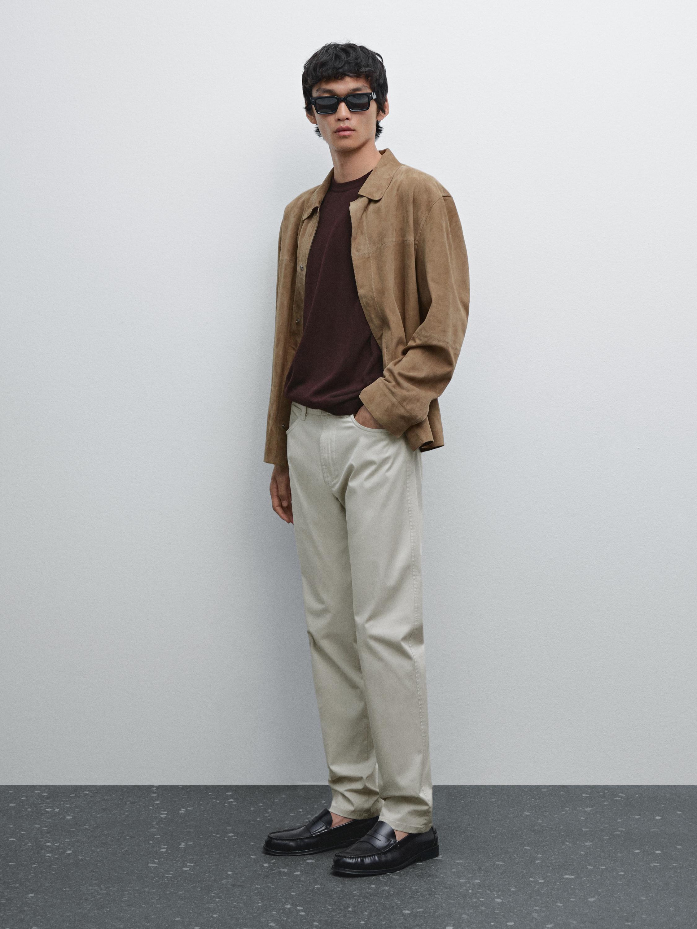 Slim-fit lightweight textured weave denim trousers