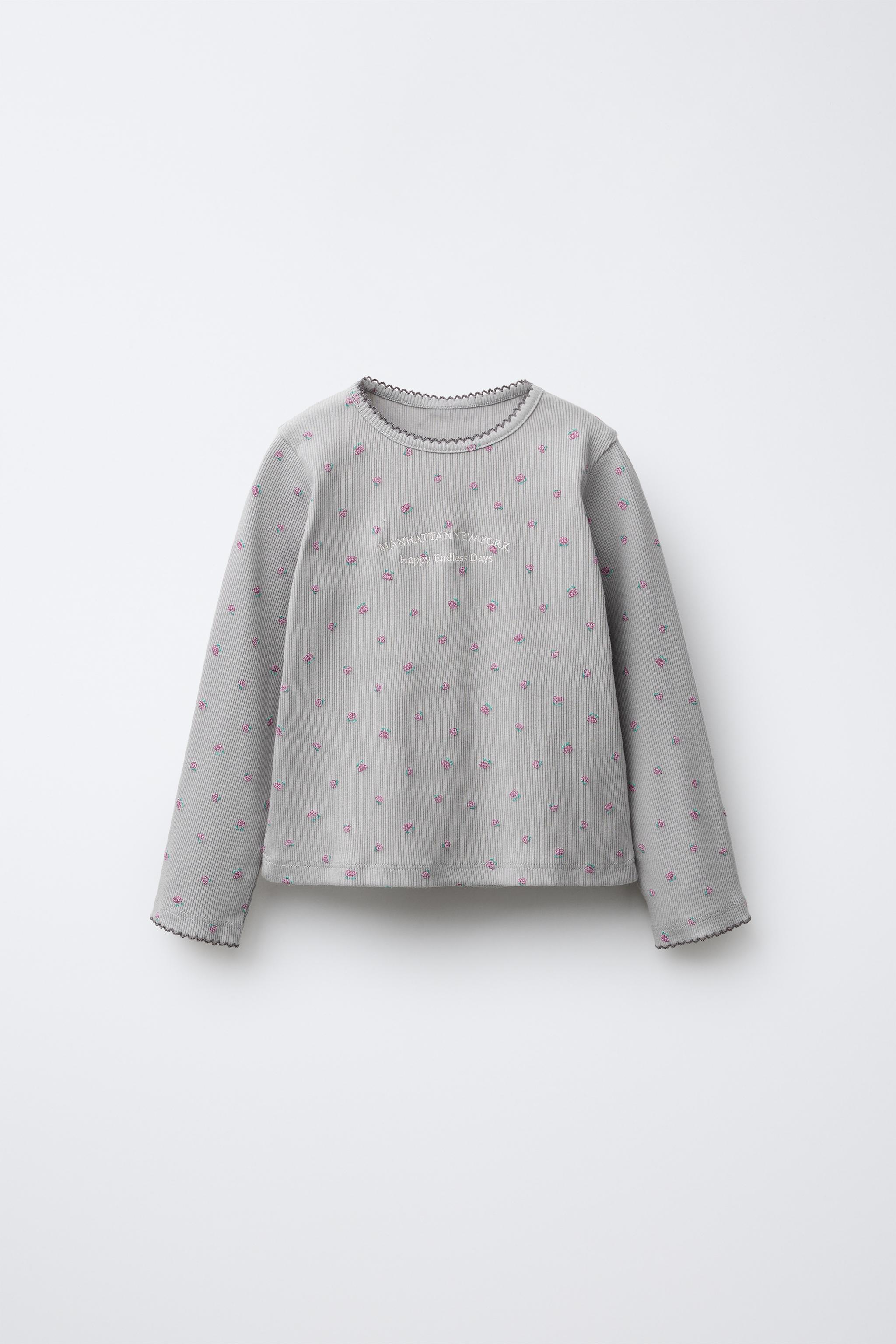 FLORAL TEXT EMBROIDERED RIBBED T-SHIRT