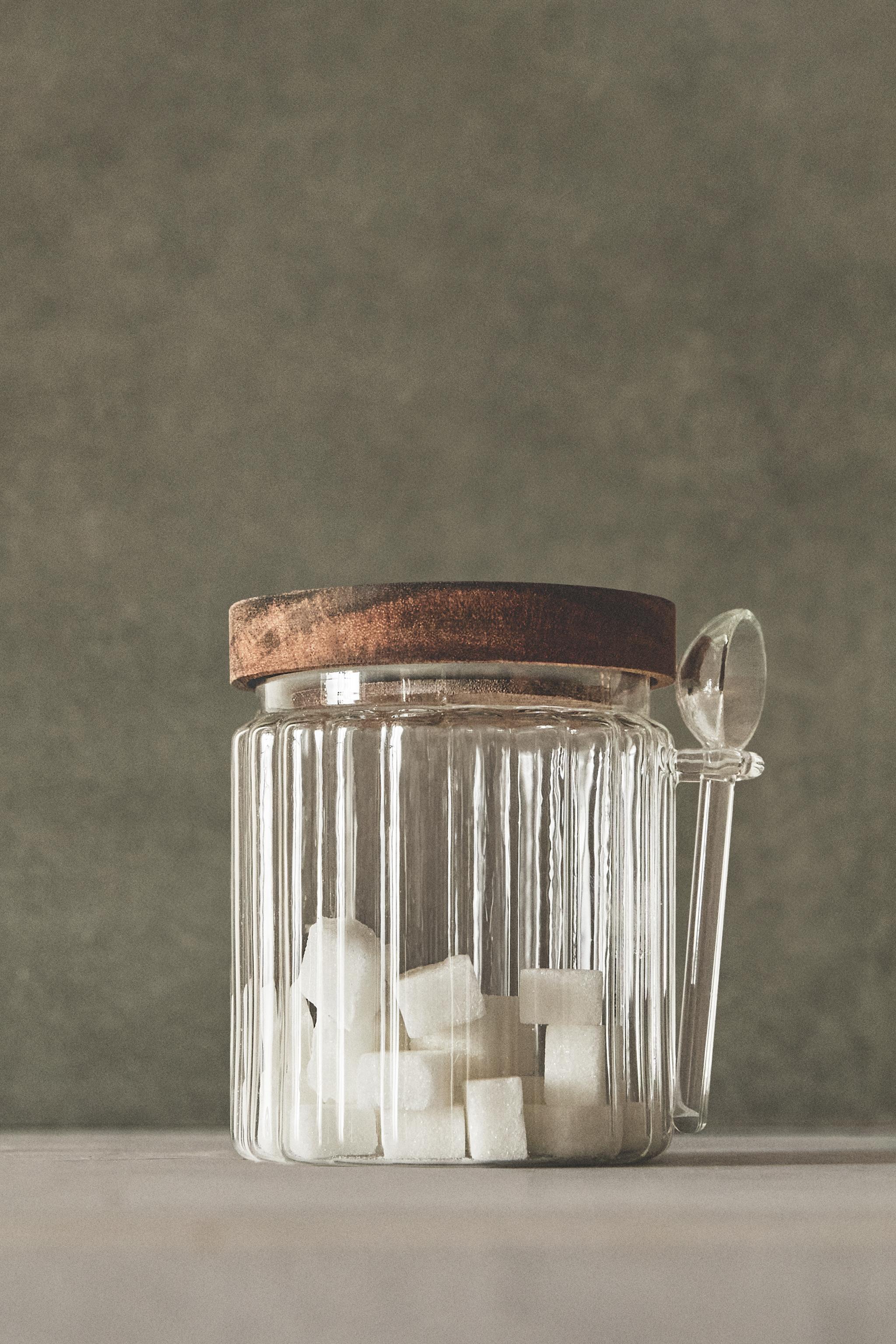 BOROSILICATE GLASS AND WOOD SUGAR BOWL